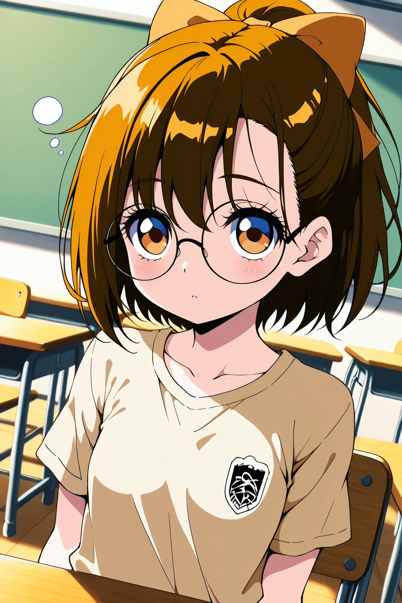 reia_kosu,1 female,solo,
brown eyes,round glasses,brown hair,hair bow,
short hair,ponytail,
blue eyes,big eyes,slant eyes,long eyelashes,
sleepy eyes,
pretty,small breast,looking at viewer,
dutch angle,
short sleeves,beige shirt,
perfect face,beautiful skin,
anatomically correct,
masterpiece,highest quality,
high resolution,high definition,
ultra-detailed,anime,
indoors,class room,school desk,school chair,black board