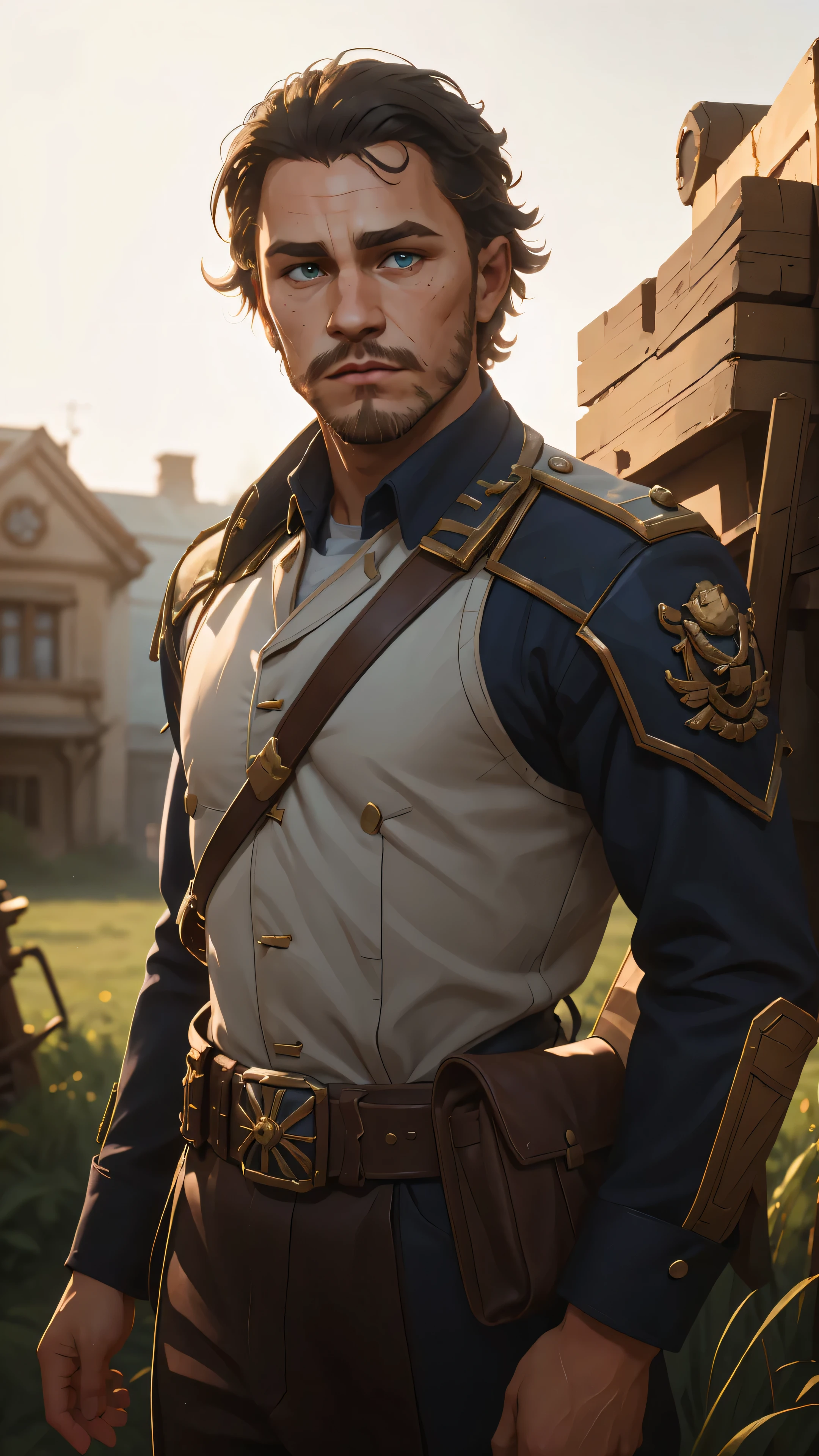 professional photo of Heath ledger with stubble beard in simple brown empire travel uniform with rank insignia on arms and leather belts, brown uniform, bullet bandolier, heathl male_focus, KTemplar, perfect eyes, upper body shot low lighting, moody, large depth of field, warhammer 40k, deep depth of field, highly detailed, (bright, good lighting, bright frontal light), three quarter shot, frontal image, standing in open grass terrain, sun, blue sky,  looking to right, (upper body portrait), si-fi communication device on belt, ((soft light illuminating face)), confident, manly
