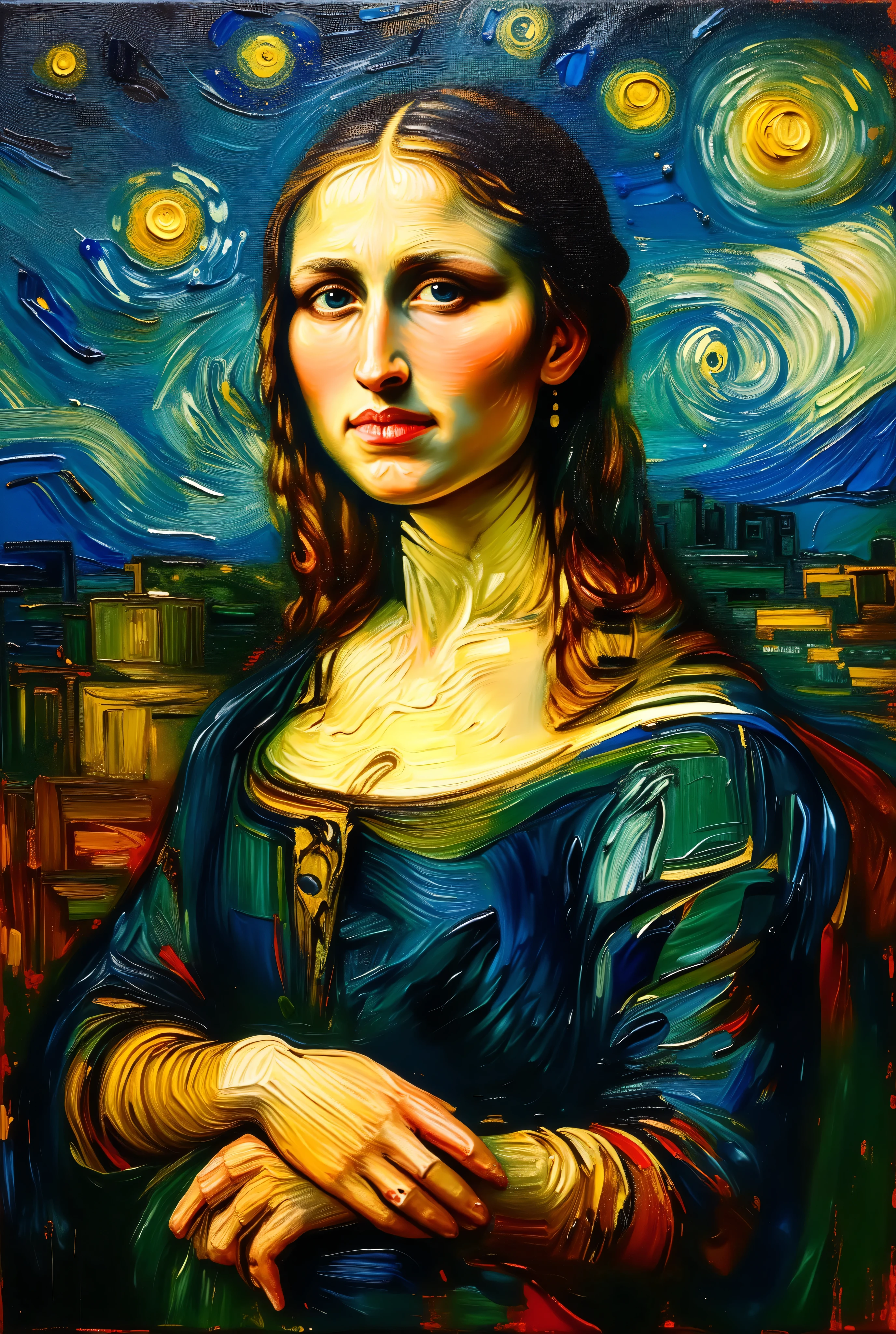  a 35mm photography-inspired oil painting of the Mona Lisa in Van Gogh’s style, with heavy impasto brushstrokes and swirling, textured backgrounds, warm, golden lighting casting a soft glow on her face, deep blue and starry tones in the background adding contrast, her enigmatic smile appearing timeless yet alive, creating an artistic fusion of realism and impressionism --v 5 --stylize 1000