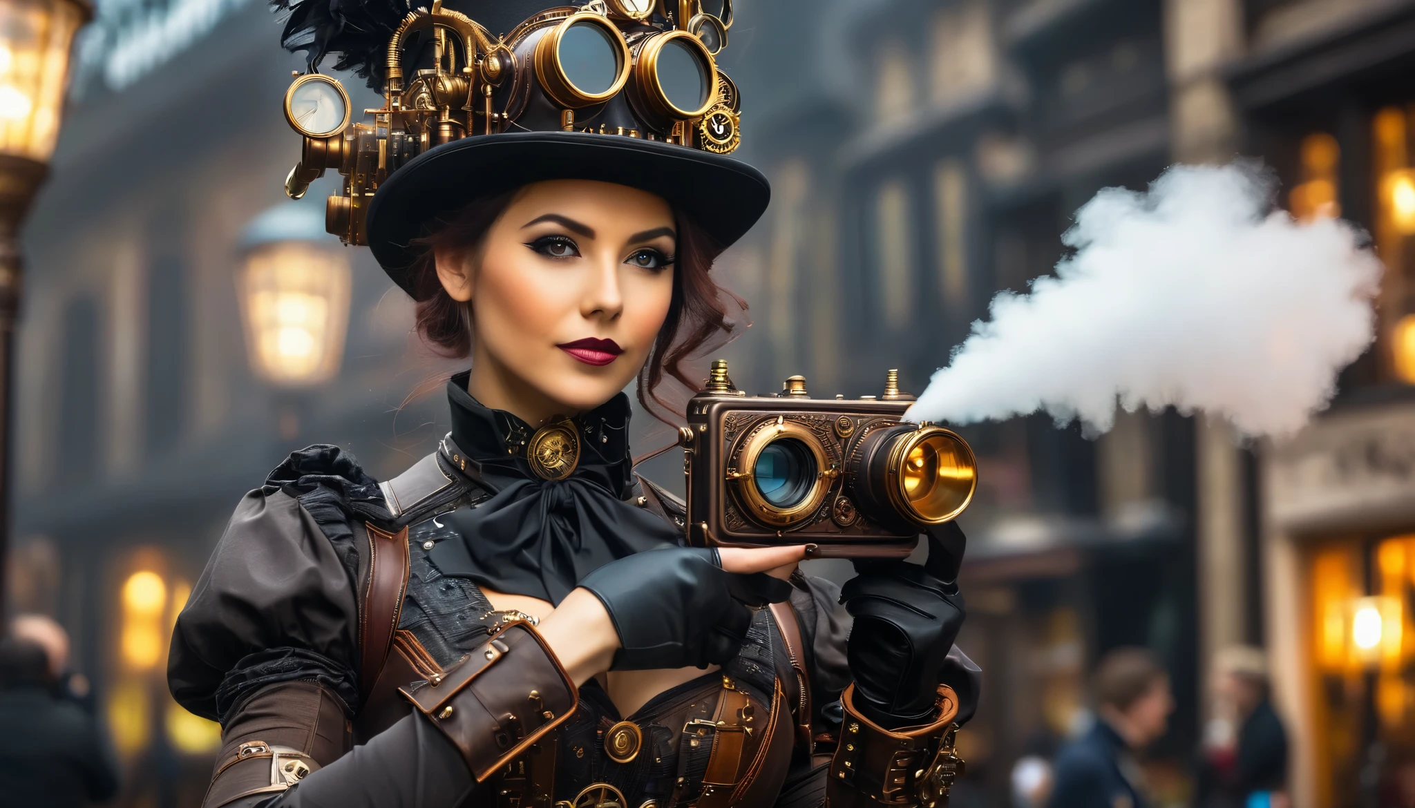  woman in steampunk costume taking a photo, usando traje  steampunk, fantasia  steampunk style, ( steampunk), uma bela deusa  steampunk, bela mulher  steampunk,  Steampunk girl,  steampunk style, fantasia  steampunk,  steampunk, Steampunk inventor girl, golden  steampunk, steam puncture, steam puncture, Situado em um mundo  steampunk, Conceito  steampunk vibrante