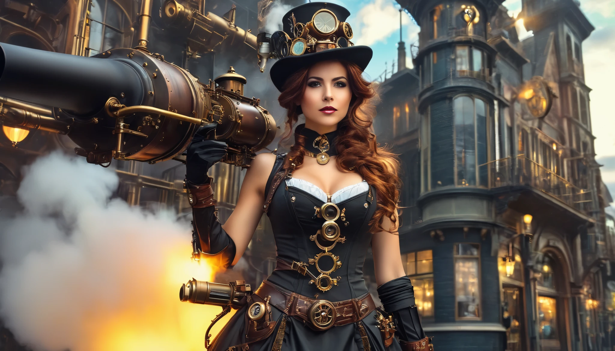 woman in steampunk costume taking a photo, usando traje steampunk, fantasia steampunk style, ( steampunk), uma bela deusa steampunk, bela mulher steampunk, Steampunk girl, steampunk style, fantasia steampunk, steampunk, Steampunk inventor girl, golden steampunk, steam puncture, steam puncture, Situado em um mundo steampunk, Conceito steampunk vibrante