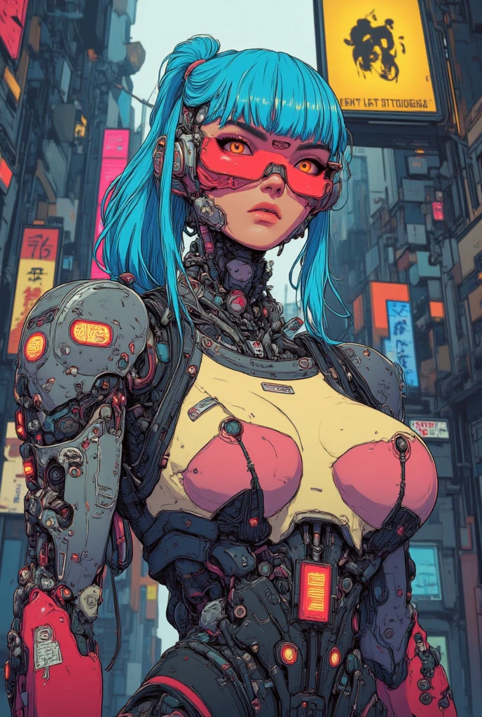 two sexy girls almost kissing each other, close-up, intricate details, (cyberpunk:1.4), mechanical arms, glasses, messy hair, (shiny neon armor:1.2), machines, black background, big breasts, blue hair, curvy girl but fit, sexy moves, bots, drones, cars, neon, laser,