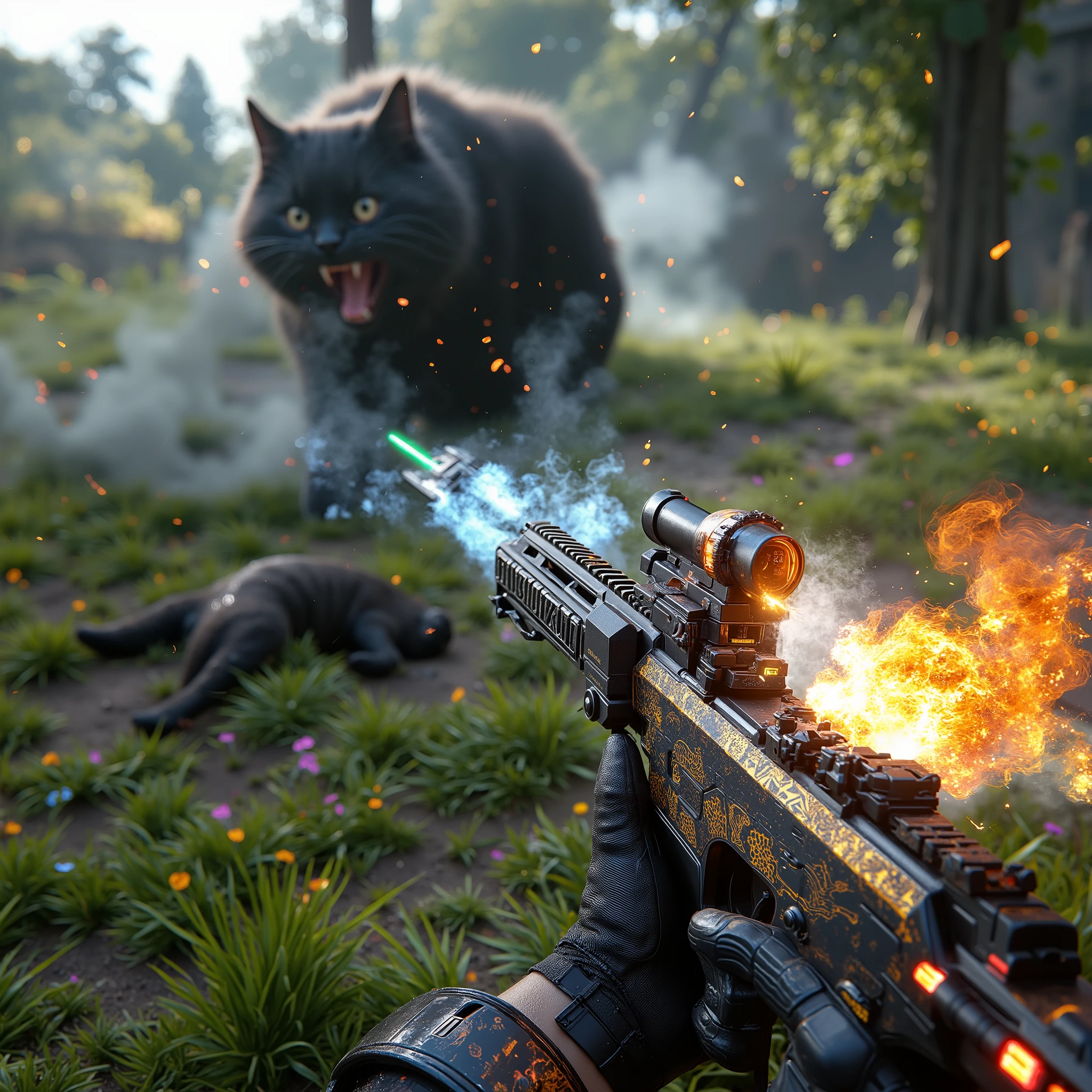 [Style: "masterpiece, realistic (Photorealistic realism), Hyper high resolution, (ultra quality, intricately detailed digital art), focus on extremely Realistic Proportion Body"] (Key Directive: "Prioritize anatomical accuracy and material textures") POV: {(("first person view"))} | ((first person shooting position)) "hold a Custom M16A4 in hends" Weapon: "Custom M16A4 (StatTrak™ module)" | M16A4 side Engraving : "Japanese dragon (green/blue paint:1.4)" | Display: "((side-mounted counter (red LED '589')))" | Attachments: - "Underbarrel flamethrower "(aim through the scope at running targets ((the human-like very large angry black cat))) (shoot with continuous fire)"- "active, orange/blue flames:0.3, white/yellow flash:0.3" - ("shell casings from fired cartridges fall out from the side of the M16A4:1.4 (hot, smoking")) - "Green laser sight (beam visible in airborne dust)" Environment: "Open field (green grass, flowers, small trees) day" | Lighting: "(Cinematic clarity and global illumination)" - "((aim at the target and shoot))'' - ''Muzzle flash from rifle (temporarily illuminates face)" "((background – clear and sharp targets running among the ((cat carcasses, lying around)), human-like large black cat, ((chaos and terror")))) (Rendering engine: "Unreal Engine 5 path tracing, 16K texture maps") } 