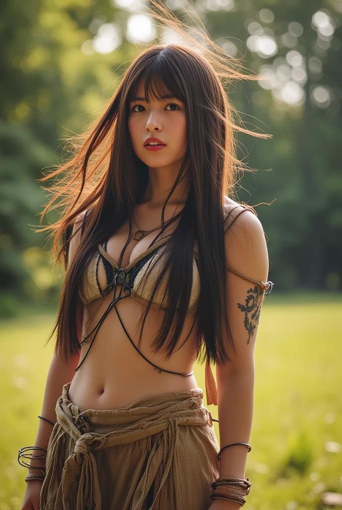 Realistic NSFW Photo (1:1) Korean Women Age 21 long red hair athletic body revealing 90% skin wearing primitive amazon jungle tribe warrior attire standing at beside of river bank at with battle ground as background