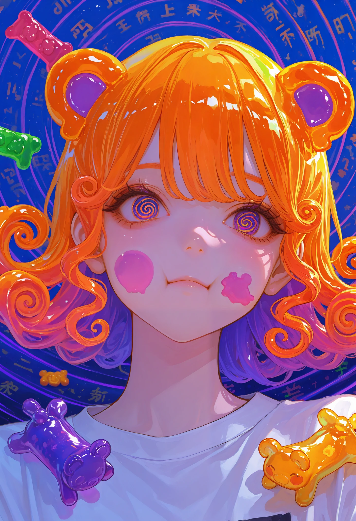 Anime girl shiny fluorescent curly hair, color purple neon orange ,swollen cheeks,colorful Chinese letters,gelatin hair, spiral eyes ,Gummy bear