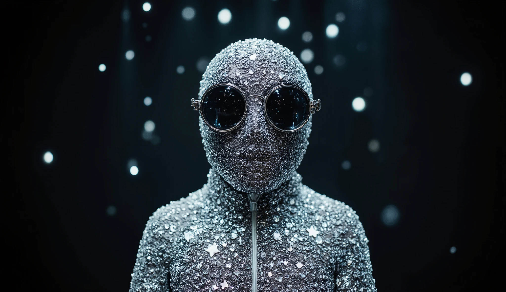 analog image, photography, natural textures, highly realistic light, made of silver stars, editorial, new album cover in the style of abstract artist, instax, playful performance art, atmospheric installations, black color palette. , iconic, minimalistic art, minimal fashion, colorful costumes, solarpunk.