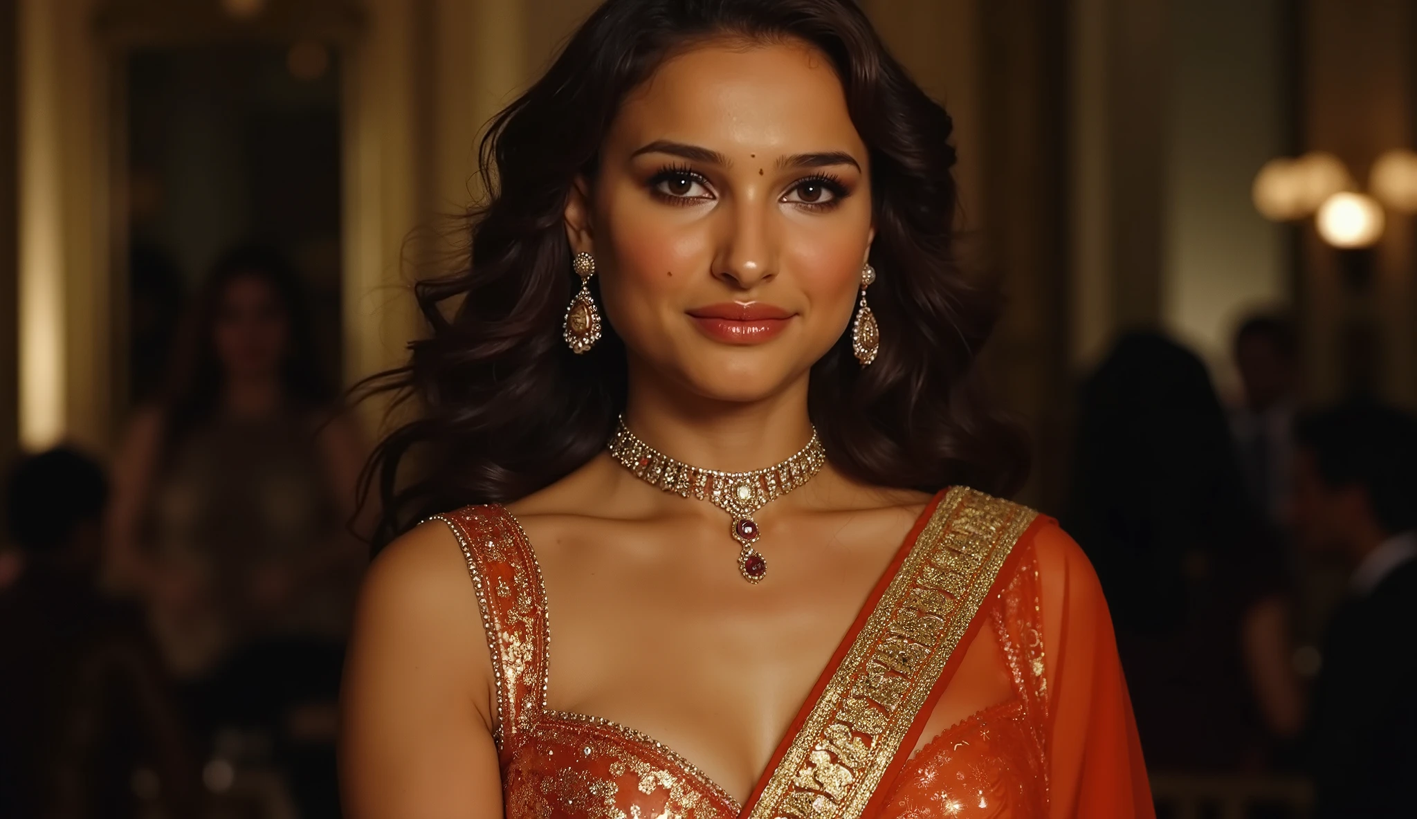 ((best quality)), ((masterpiece)), (detailed), erotic hindu wife saree supen open back bra super low rise saree , back navel carving, dog collar , navel chain glossy back skin super detailed face lips eyes super big fake lips red lipstick super big pumped lips super wet wedding party super make-up super jewellery super detailed face lips eyes super glossy skin leather , wedding crowded party eating food super low-rise back saree curvy body very thin back stip bra , ethereal light, dark background, intense light, surreal atmosphere, digital art, dramatic lighting, detailed textures, ultra-high resolutionb, curvy navel
