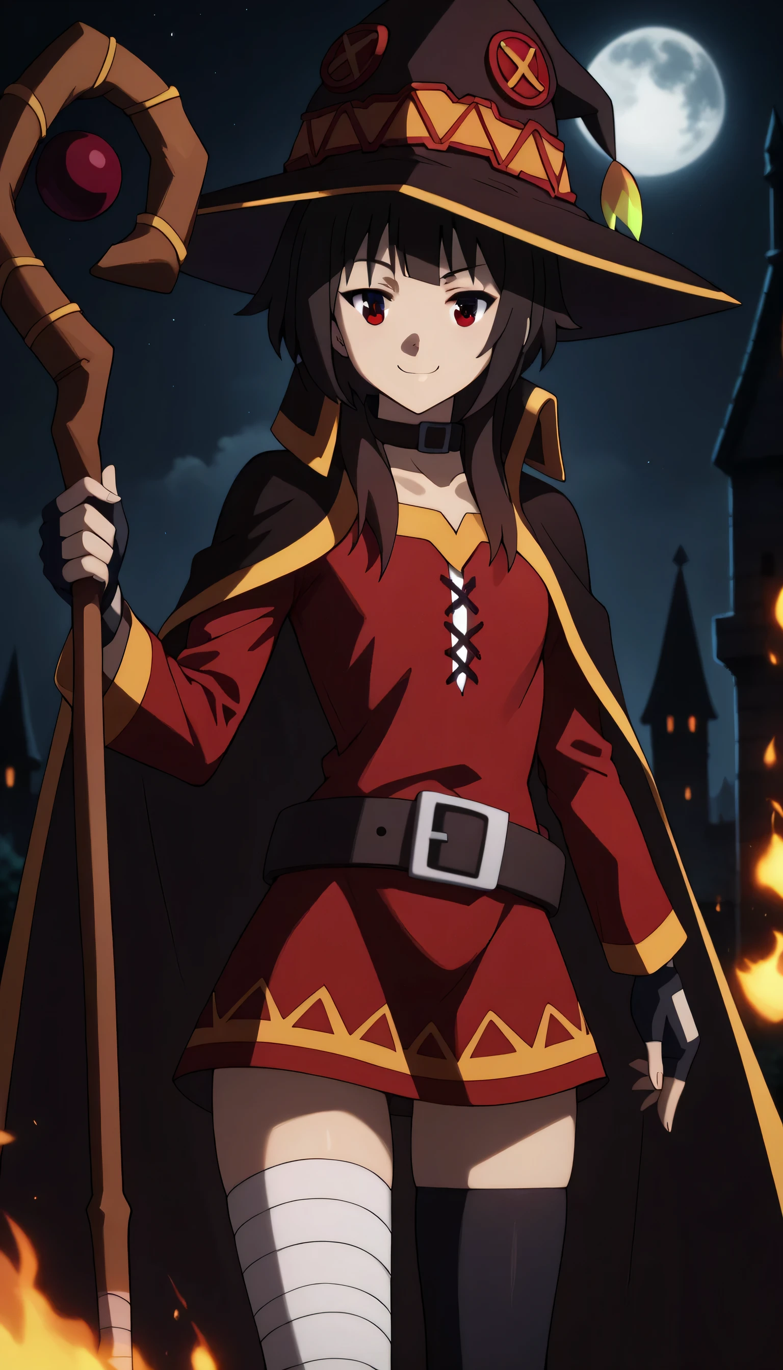Medium breast, ,Give your images flat even illumination (negative) or dramatic chiaroscuro lighting (positive). ,1girl, smile, breasts, looking_at_viewer,holding, holding_staff,staff,Outside a burning castle, moon, Star,megumin, short hair, black hair, red eyes, short hair with long locks,
thighhighs, gloves, hat, dress, black gloves, belt, black thighhighs, fingerless gloves, cape, collar, witch hat, bandages, red dress, single thighhigh, asymmetrical legwear, bandaged leg,