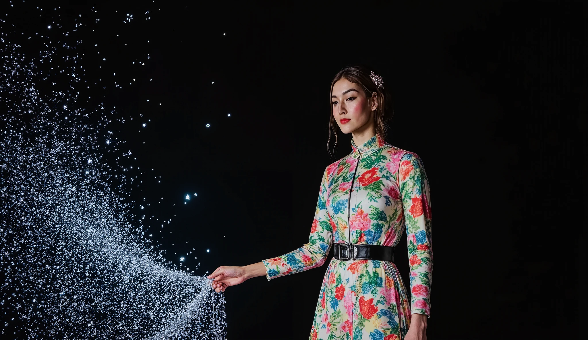 analog image, photography, natural textures, highly realistic light, made of silver stars, editorial, new album cover in the style of abstract artist, instax, playful performance art, atmospheric installations, black color palette. , iconic, minimalistic art, minimal fashion, colorful costumes, solarpunk.