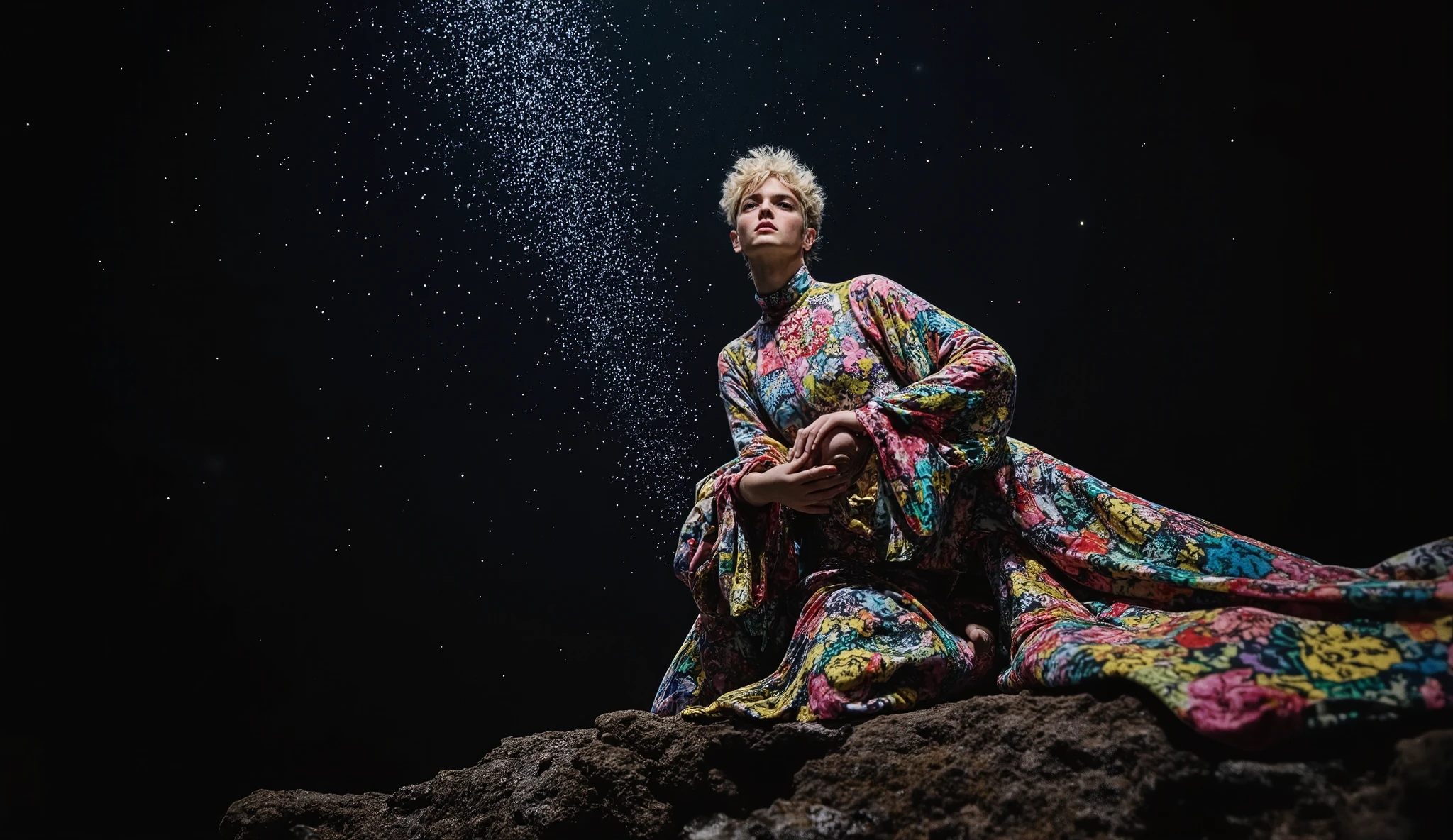 analog image, photography, natural textures, highly realistic light, made of silver stars, editorial, new album cover in the style of abstract artist, instax, playful performance art, atmospheric installations, black color palette. , iconic, minimalistic art, minimal fashion, colorful costumes, solarpunk.