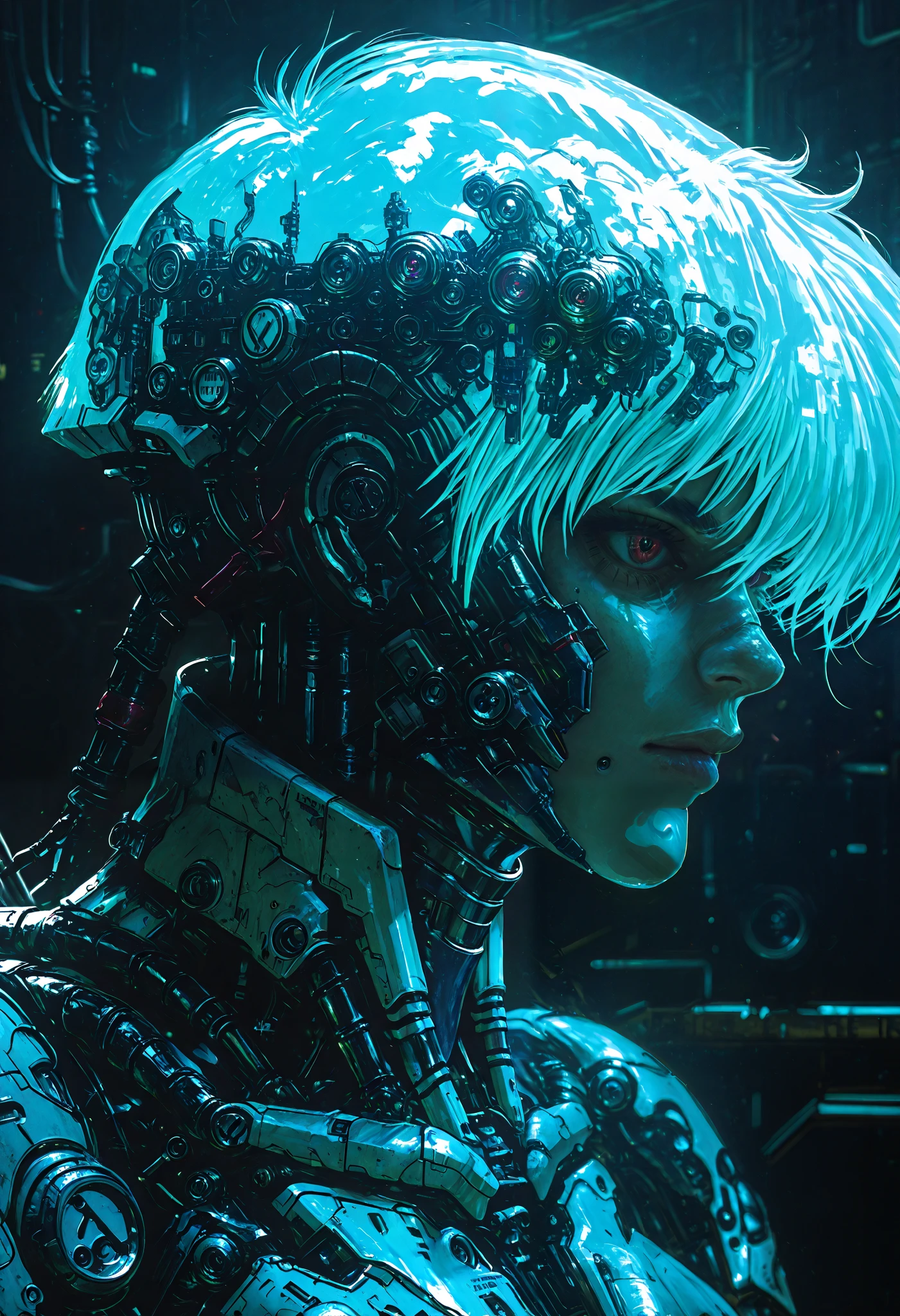 Ghost in the shell in the style of the 90s vintage anime , robotics, science fiction, futuristic face , Surrealism, akira style, Advanced Suit, Detailed line drawing, Fine details, Greg Rutkowski Makoto Shinkai animation Kyoto key art female eye shot at the level