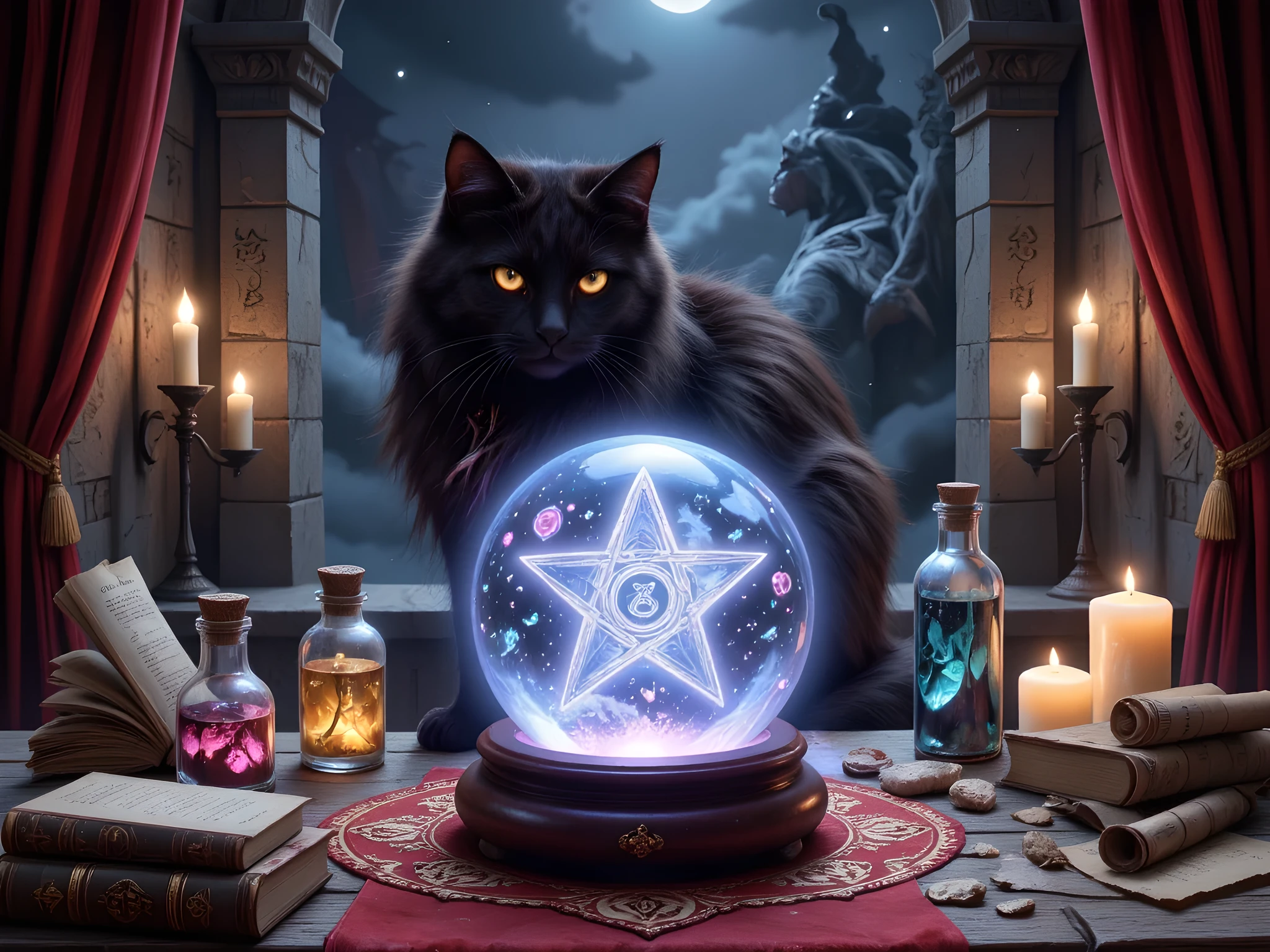 Pentagram with runes, softly glowing
Crystal ball, mist inside, candlelit
Potions in glass bottles, colorful liquids
Ancient spellbooks, golden text
Floating scrolls, glowing symbols
Stone walls, magical etchings
Levitating candles, smoke curls
Cat near crystal ball, glowing eyes
Tapestry with mystical scenes
Velvet curtains, moonlight
Smoky air, soft lighting
Ultra-detailed textures, 8k quality
Mystical atmosphere, sharp focus, Magic symbols , 8k, ultra details,