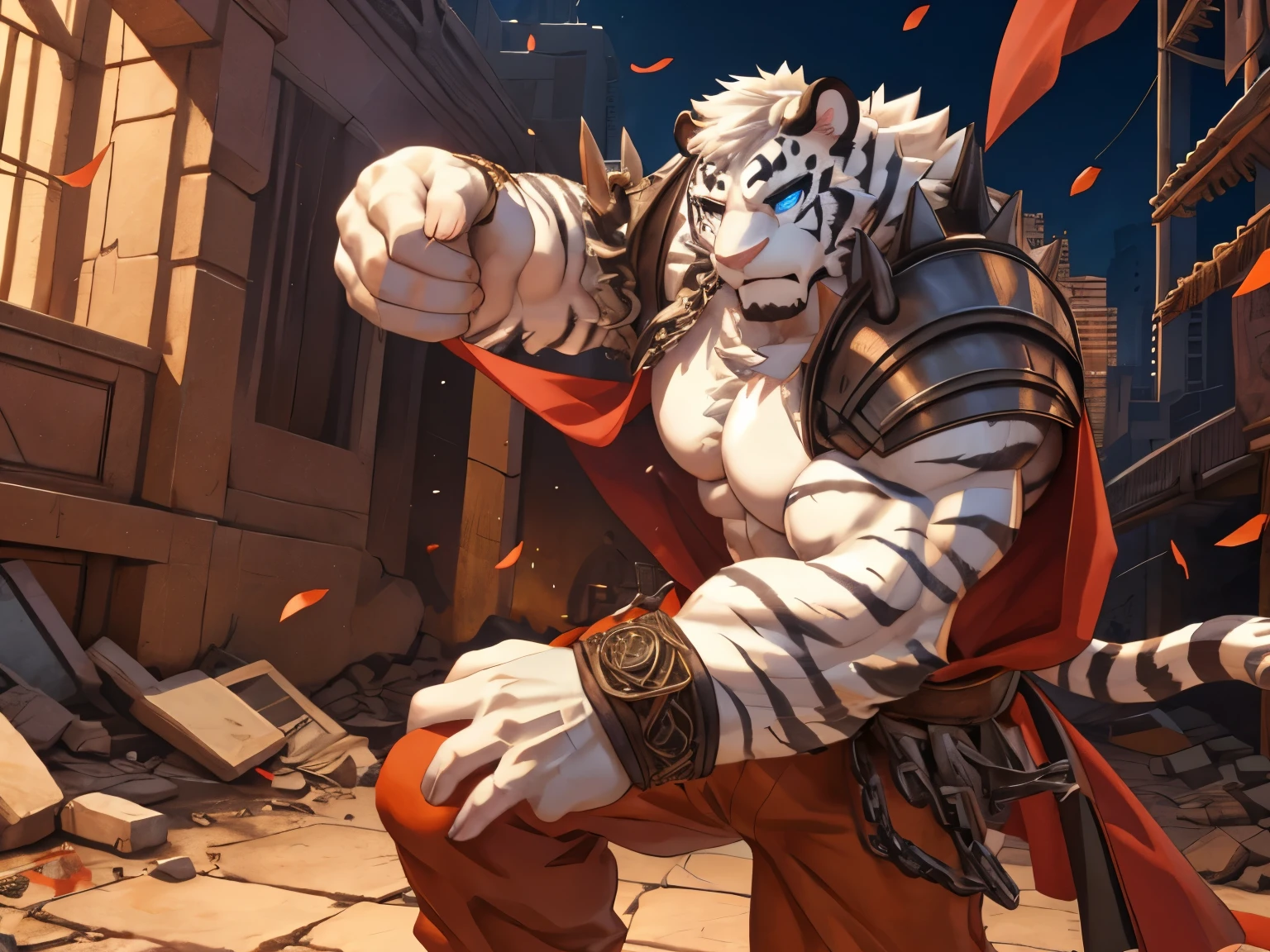 Antonio Other, hand, 5 fingers, less than top, pectorals, , (super detailed), eye, black eye, furry, white skin, white skin, Human nature (white tiger), top less, eyes, middle age, white body, white belly, muscular,,super detail face, (delicate eye), 1, silver armor,, (best quality), (artwork), High detail, high quality, Award-winning, high resolution, hd, 16K, V The character is fighting in a ruined city, monk movement, monk pose, fighting, fighting cg, ANIME CG