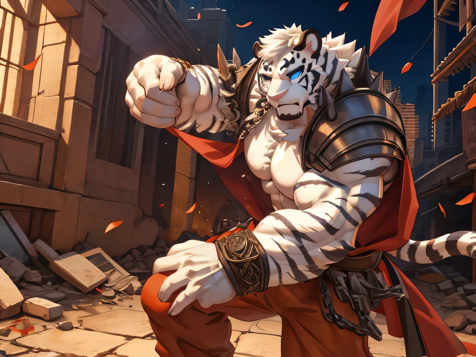 Antonio Other, hand, 5 fingers, less than top, pectorals, , (super detailed), eye, black eye, furry, white skin, white skin, Human nature (white tiger), top less, eyes, middle age, white body, white belly, muscular,,super detail face, (delicate eye), 1, silver armor,, (best quality), (artwork), High detail, high quality, Award-winning, high resolution, hd, 16K, V The character is fighting in a ruined city, monk movement, monk pose, fighting, fighting cg, ANIME CG