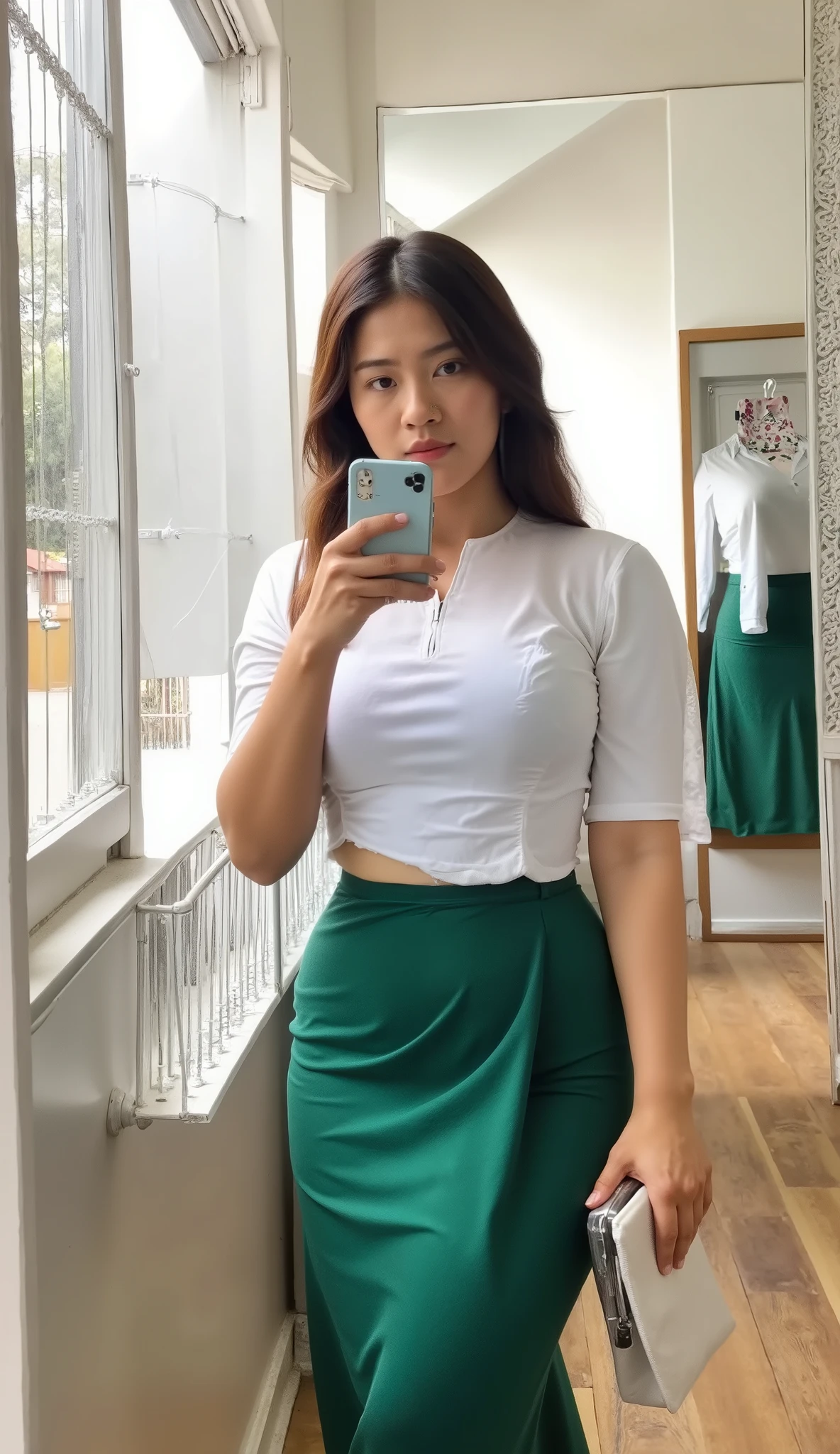 “Hyper-realistic face, ultra-detailed skin texture, lifelike body details, realistic pores and fine wrinkles, natural imperfections, enhanced facial structure, sharp eyes with intricate iris details, well-defined lips and nose, high-resolution body texture, visible muscle tone and skin softness, cinematic lighting, ultra-sharp focus, extreme photo realism, best color grading, smooth gradients, deep contrast, photorealistic depth, 8K resolution, high dynamic range, ultra-detailed image texture, perfect clarity, breathtaking visual quality, “Enhanced dress creases, realistic fabric folds, tight dress fitting, detailed body curves, natural fabric tension, high-resolution texture, visible stitching, ultra-sharp focus, cinematic lighting, smooth gradients, deep contrast, photorealistic depth, 8K resolution, extreme realism, best color grading, masterful light balance, ultra-detailed textures, breathtaking visual quality, “Pretty Thai girl face, delicate facial features, smooth skin texture, expressive almond-shaped eyes, natural beauty, well-defined eyebrows, soft pink lips, realistic skin tone, high-resolution details, cinematic lighting, ultra-sharp focus, photorealistic depth, 8K resolution, extreme realism, best color grading, masterful light balance, breathtaking visual quality, “Realistic adjustments, enhanced highlights, deep shadows, perfect contrast balance, optimized exposure, refined white and black levels, high dynamic range, smooth tonal transitions, cinematic lighting, ultra-sharp details, photorealistic depth, 8K resolution, extreme realism, best color grading, masterful light balance, breathtaking visual quality, wear tight, ultra tight dress, tight dress, realistic dress creases, 10% transparent cotton top, realistic dress creases , realistic body cleavage, good phone , realistic Iphone texture