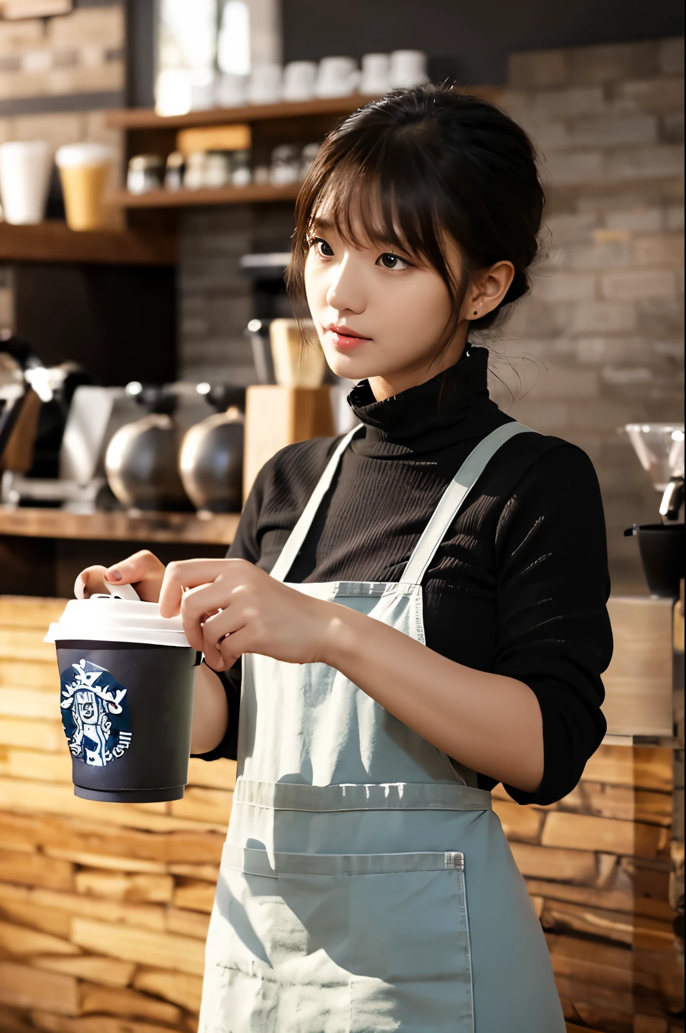 CG, Unity, 8k, wallpaper, TOP QUALITY, masterpiece, A lovely woman, 18 years old, black hair, (pantyhose:1.3), (realistic:1.2), Best lighting, Complex Eyes, Intricate Weave , Furnishings with slightly turned off lights、detailed background,(Barista:1.5),white turtleneck sweater、Denim Hot Pants、 green apron with radish、 Transparent Sleeve 、cafe , table, chair, wall, lightup clear, photo realistic , whole body height、standing