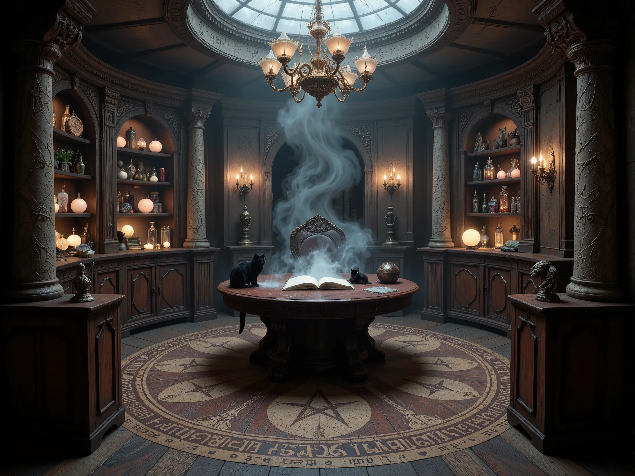 witch's office, circular chamber with pentagram-engraved oak floor, walls lined with glowing rune-etched shelves, crystal balls emitting mist, black cat perched on a grimoire, candle chandelier casting flickering shadows, intricate herbal bundles hanging, ultra-detailed textures, mystical haze, 8k resolution, cinematic chiaroscuro lighting.