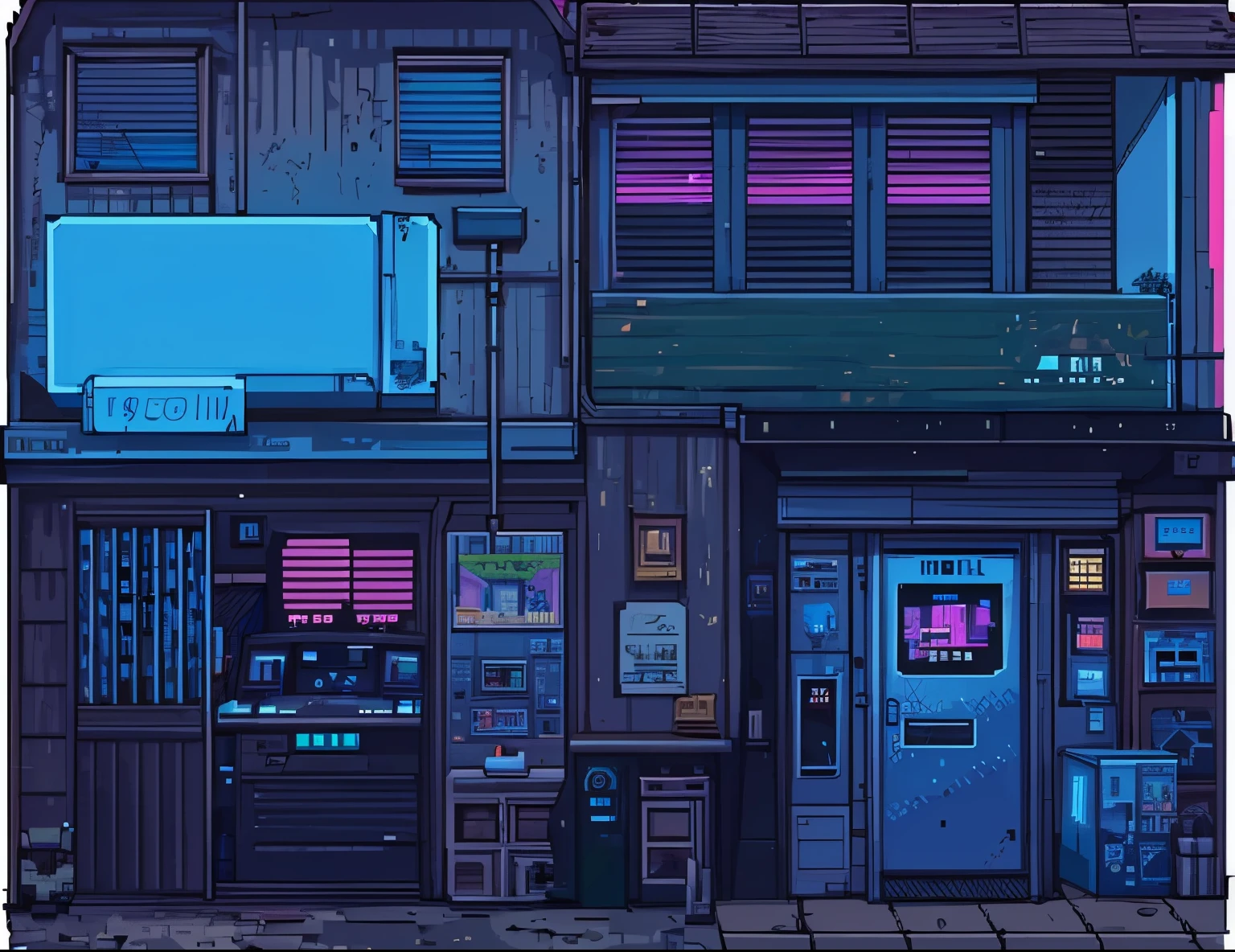 16-bit pixel art, retro arcade style, showing a cyberpunk 2077 house, isolated and with a GREEN background. Perspective: front to the camera. The house should have an urban and cyberpunk aesthetic. Structure: Metal facade. Color palette: Cyberpunk blue and purple. (Thin lines). only house. High Resolution.