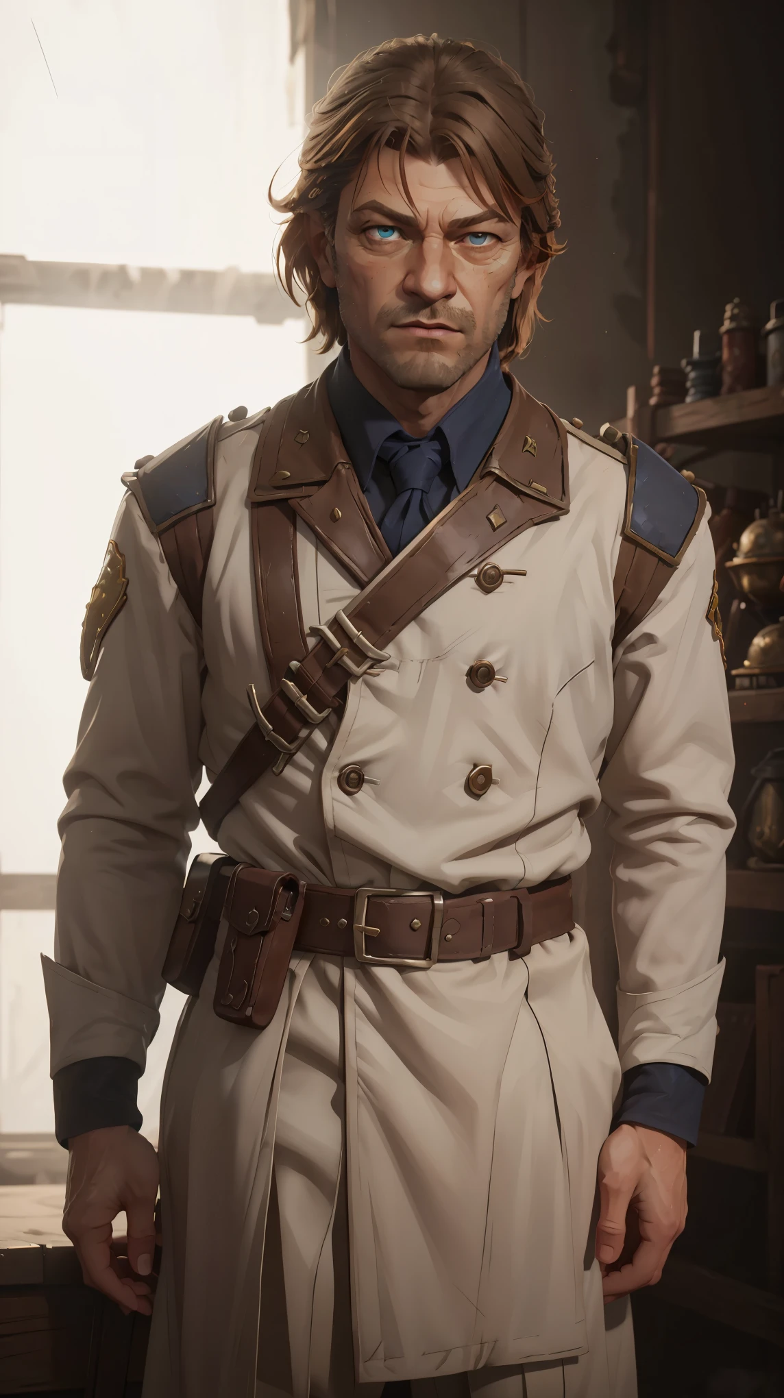 professional photo of young Sean Bean in simple brown empire travel uniform with rank insignia on arms, bullet bandolier, KTemplar, perfect eyes, upper body shot low lighting, moody, large depth of field, warhammer 40k, deep depth of field, highly detailed, plain white background, (bright, good lighting, bright frontal light), three quarter shot, frontal image, standing in open dessert terrain, looking to right, (upper body portrait), si-fi communication device on belt and lasgun on hip, ((soft light illuminating face)), manly