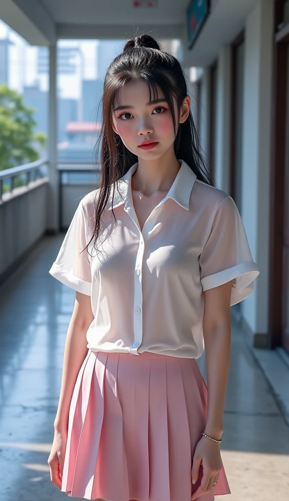 White blouse,Light pink culottes,15 years old,high school girl,Black Hair,Straight Hair,ponytail,ribbon,Dark Eyes,Small Face,Clean eyes,Small Mouth,slender,Young face,Lori,Flat chest,Shopping Street,live-action,Realistic photos,8K,Smile,Ultra HD,Standing posture,whole body,Pouch,