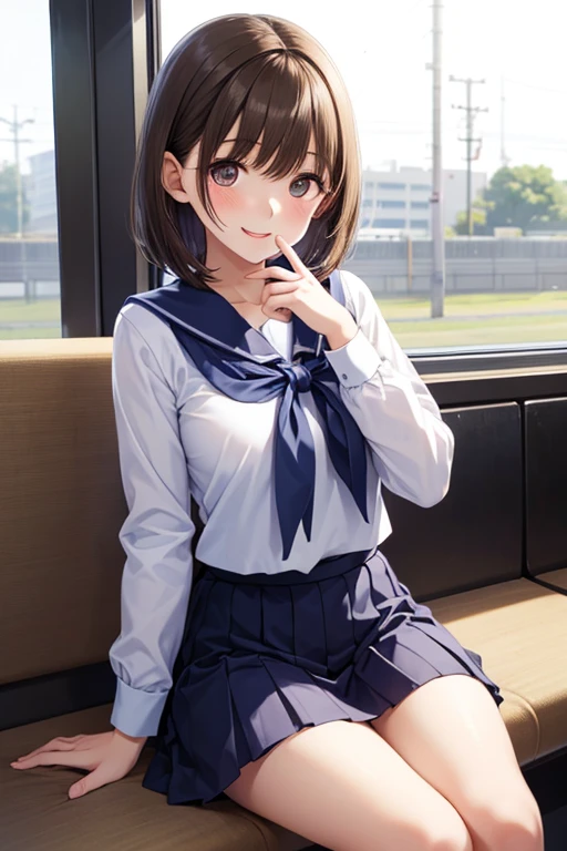 anegasaki nene, shiny brown short hair, beautiful brown eyes, smiling face, sparkling pupils, (fine grain), highly detailed eyes, highly detailed face, highly detailed eyes,, (masterpiece:1.2, best quality), ((only1 girl)), cowboy shot,cowboy shot,,
Japanese *******r, Sitting on a train, Wearing a short skirt, To the camera,Hand over mouth、 is laughing、Underwear is visible、後ろには日本の女子高生達がこちらを見て is laughing、High resolution, Textured skin,
