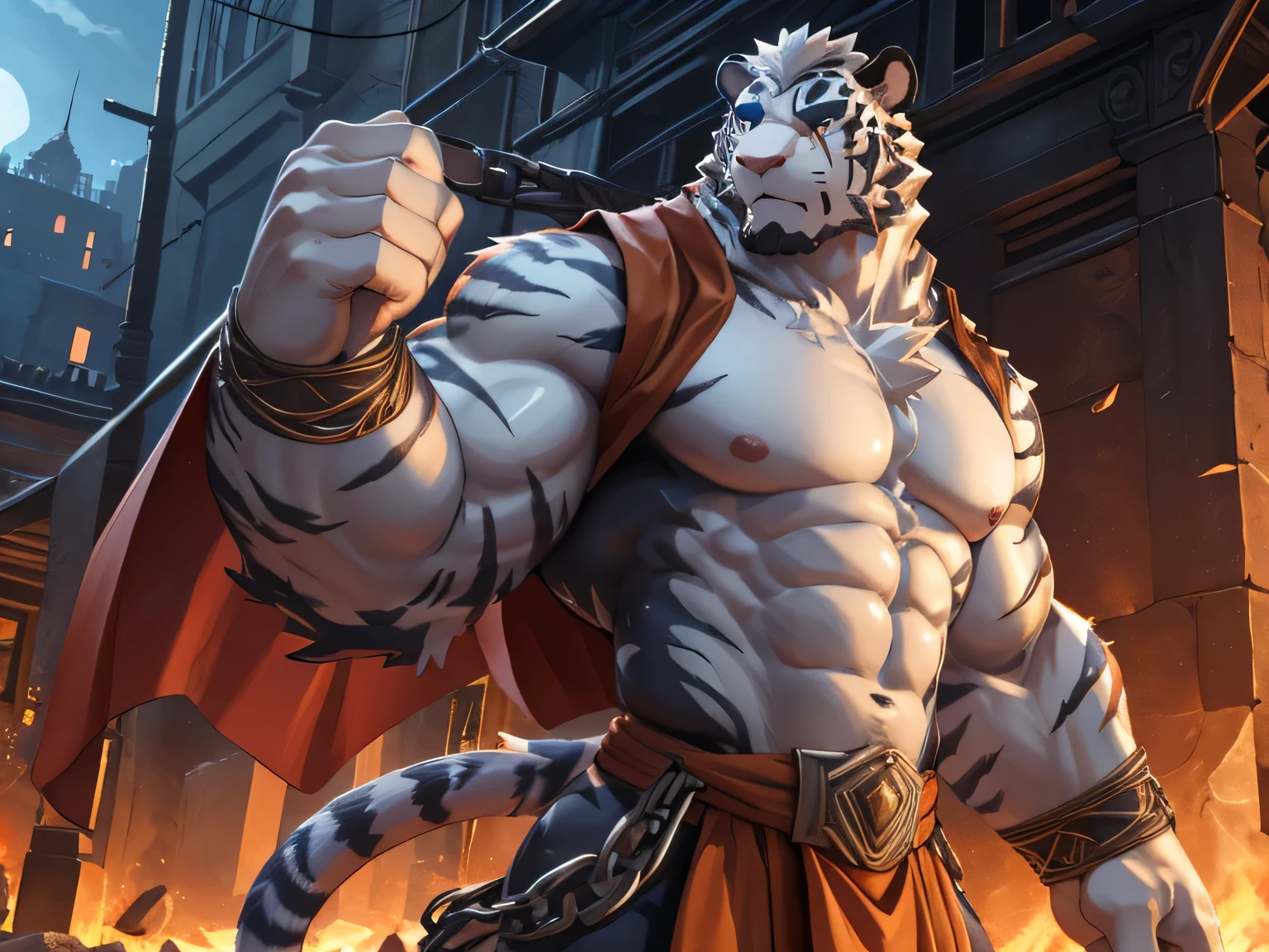 Antonio Other, hand, 5 fingers, less than top, pectorals, , (super detailed), eye, black eye, furry, white skin, white skin, Human nature (white tiger), top less, eyes, middle age, white body, white belly, muscular,,super detail face, (delicate eye), 1, silver armor,, (best quality), (artwork), High detail, high quality, Award-winning, high resolution, hd, 16K, V The character is fighting in a ruined city, monk movement, monk pose, fighting, fighting cg, ANIME CG. (Inimigos aliens)