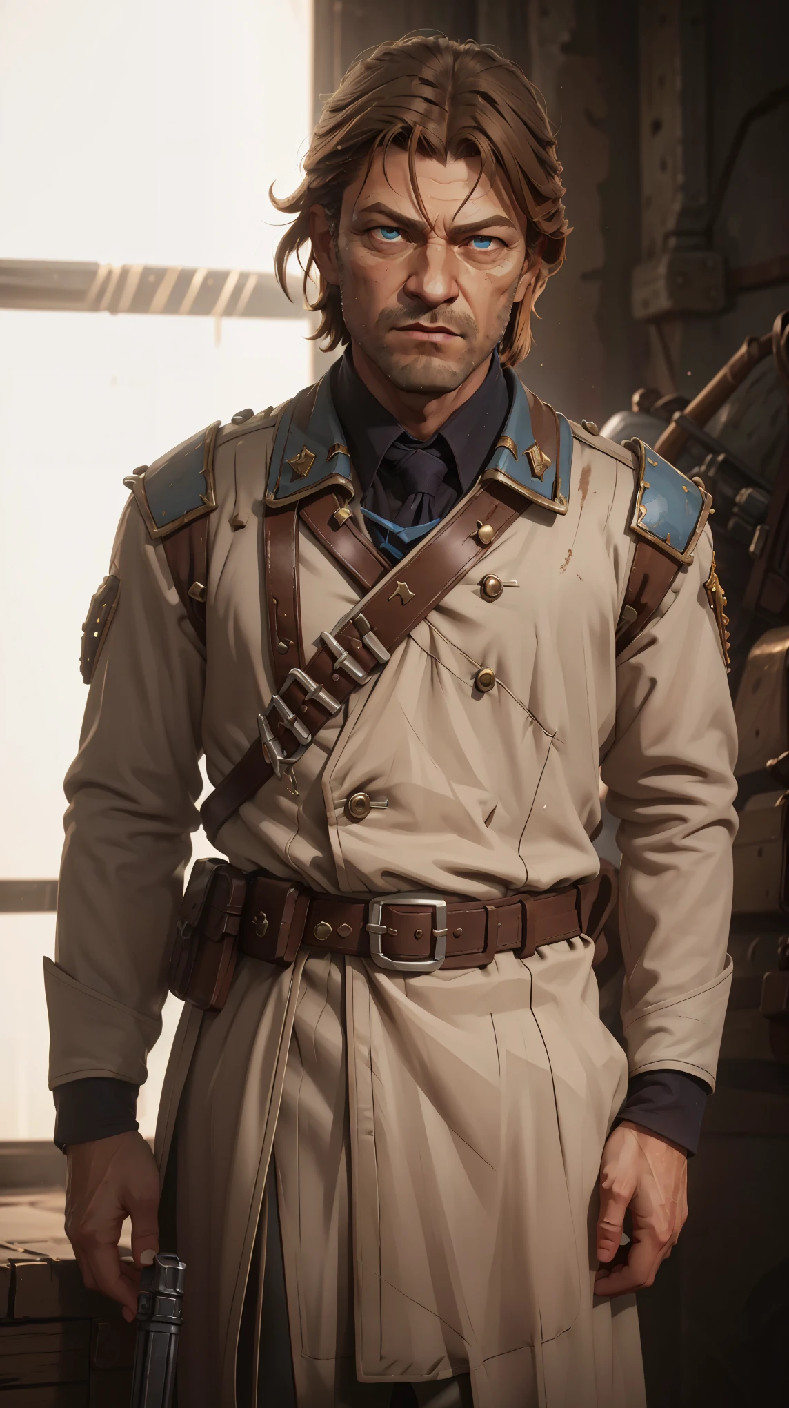 professional photo of young Sean Bean in simple brown empire travel uniform with rank insignia on arms, bullet bandolier, 8k, sharp, KTemplar, perfect eyes, upper body shot low lighting, moody, large depth of field, warhammer 40k, deep depth of field, highly detailed, plain white background, (bright, good lighting, bright frontal light), three quarter shot, frontal image, standing in open dessert terrain, looking to right, (upper body portrait), si-fi communication device on belt and lasgun on hip, ((soft light illuminating face)), manly