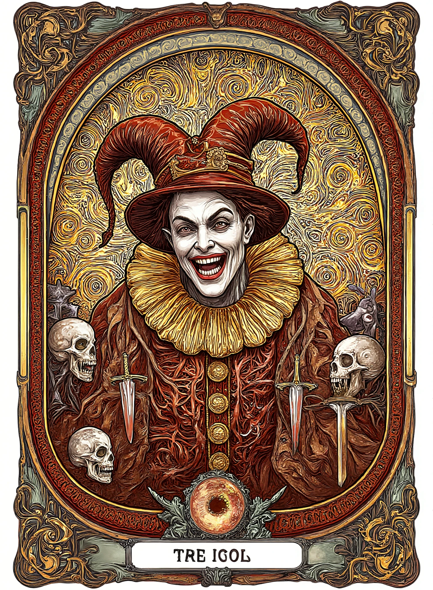 art nouveau style, a Fool character of tarot grinning like evil Text says "FOOL". Skulls, swords and a witch sphere