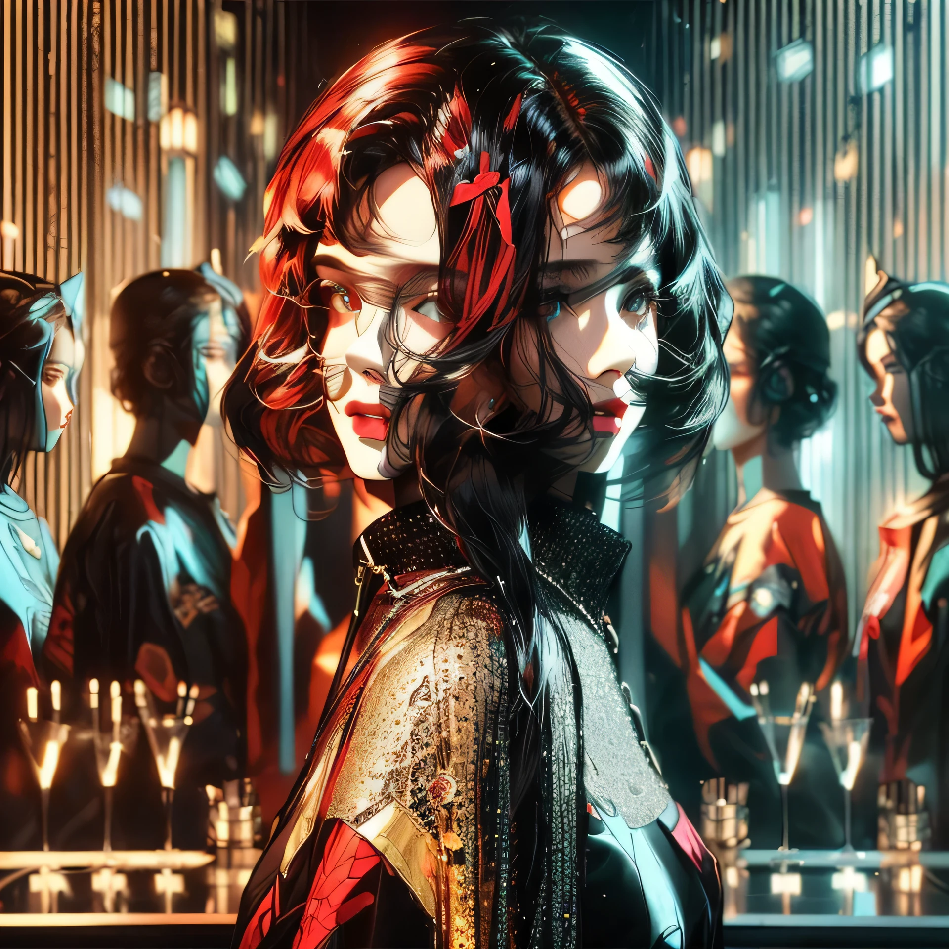 there are two women that are standing next to each other, art nouveau octane render, cinematic. art deco, beautiful sci - fi twins, realistic art deco, beautiful gemini twins portrait, by Galen Dara, stunning digital illustration, rendered in cinema 4 d, rendered in cinema4d, gorgeous 3d render, dystopian retro 1920s vibe, by Wayne England