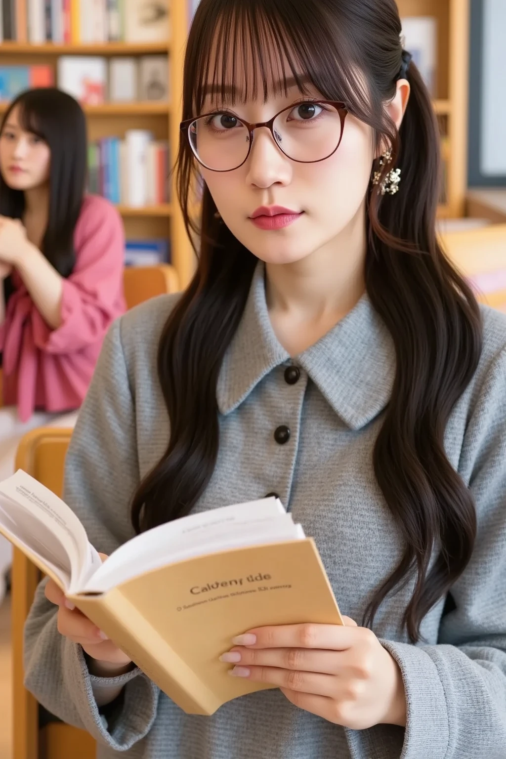 (RAW Photos, Highest quality), (Glasses), masterpiece, Natural light, 1 Girl, Smooth Hair、library, Bookshelf, reading, intellectual, Warm lighting, Relaxation, Retro, Wooden furniture, Silence, concentrated, sofa, Cozy, head shot