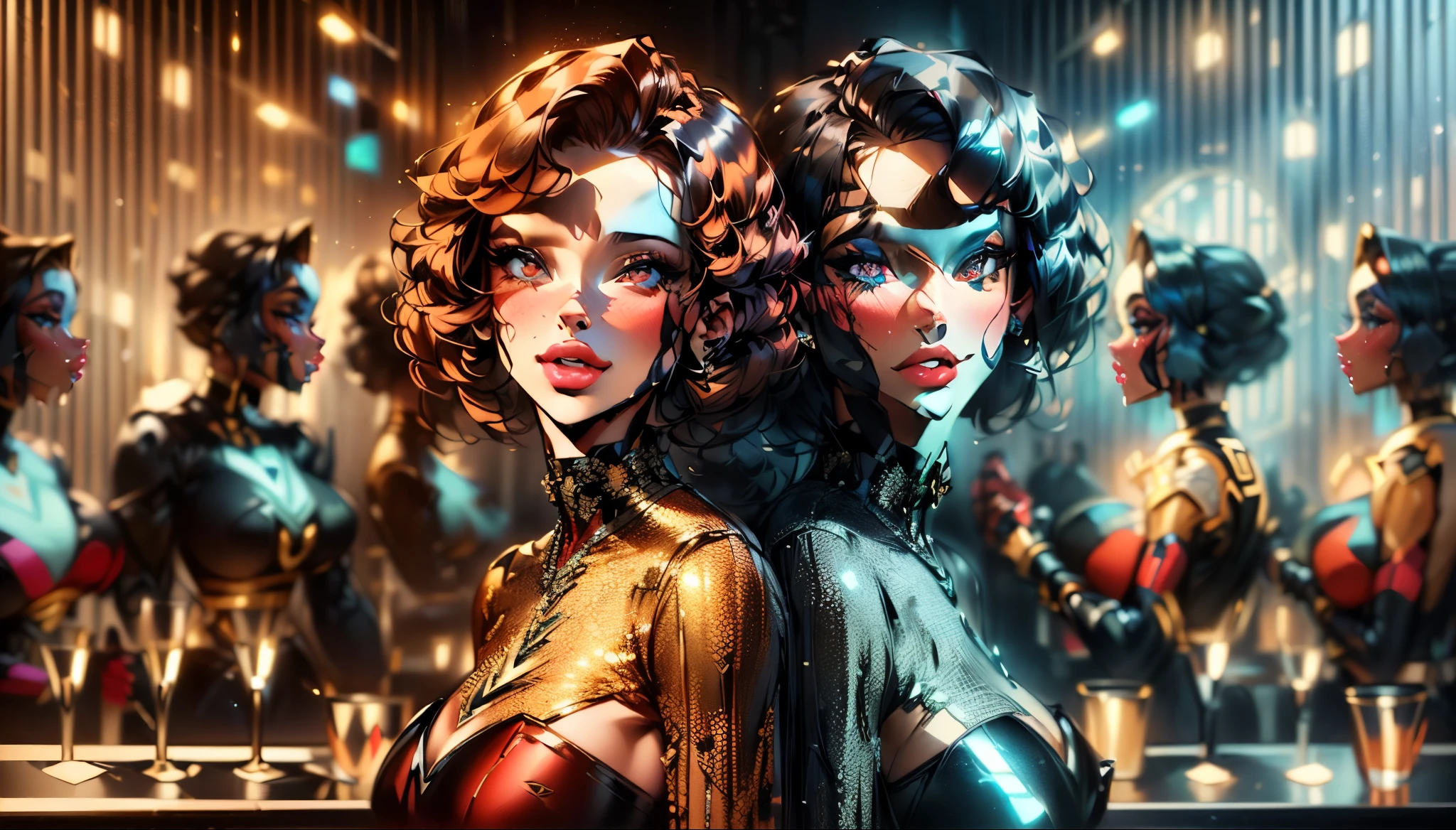 there are two women that are standing next to each other, art nouveau octane render, cinematic. art deco, beautiful sci - fi twins, realistic art deco, beautiful gemini twins portrait, by Galen Dara, stunning digital illustration, rendered in cinema 4 d, rendered in cinema4d, gorgeous 3d render, dystopian retro 1920s vibe, by Wayne England