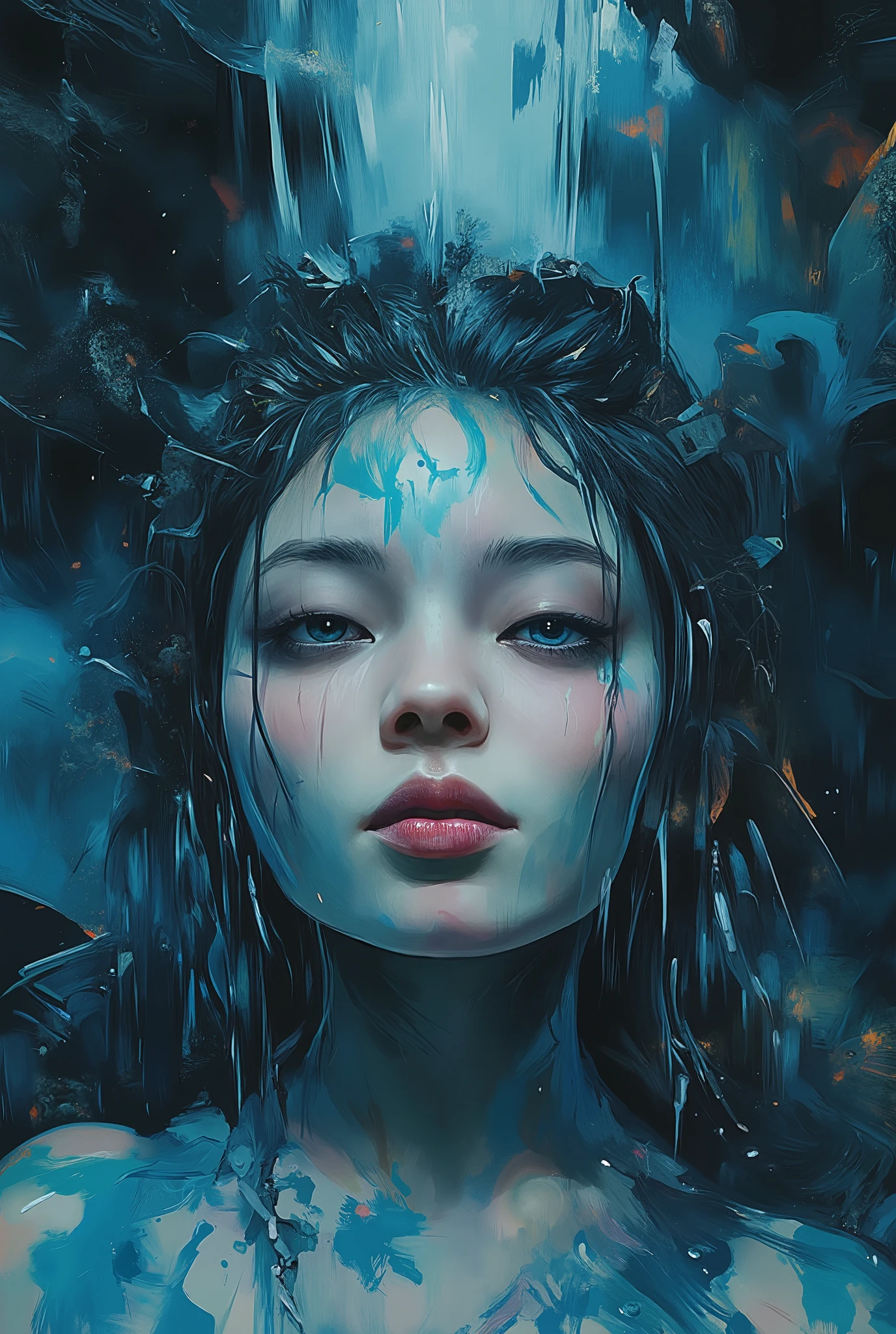 mesmerizing digital illustration inspired by Loish, depicting a closep of a woman´s face beneath a waterfall, water flowing down her face and hair, cool and soothing color palette, her expression peaceful, illuminated by soft ambient light, a dreamlike and calming ambiance. --v 5 --stylize 1000