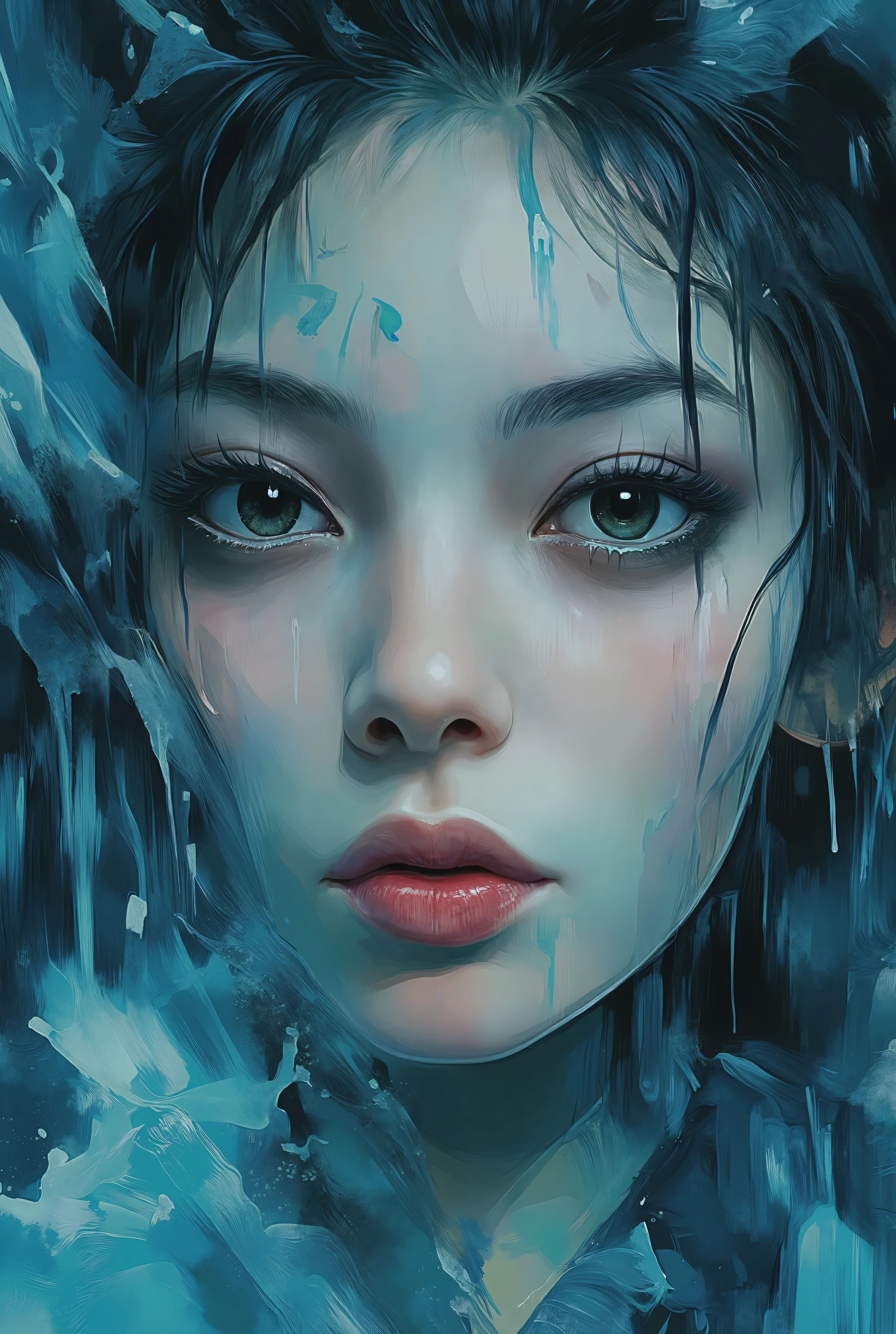 mesmerizing digital illustration inspired by Loish, depicting a closep of a woman´s face beneath a waterfall, water flowing down her face and hair, cool and soothing color palette, her expression peaceful, illuminated by soft ambient light, a dreamlike and calming ambiance. --v 5 --stylize 1000