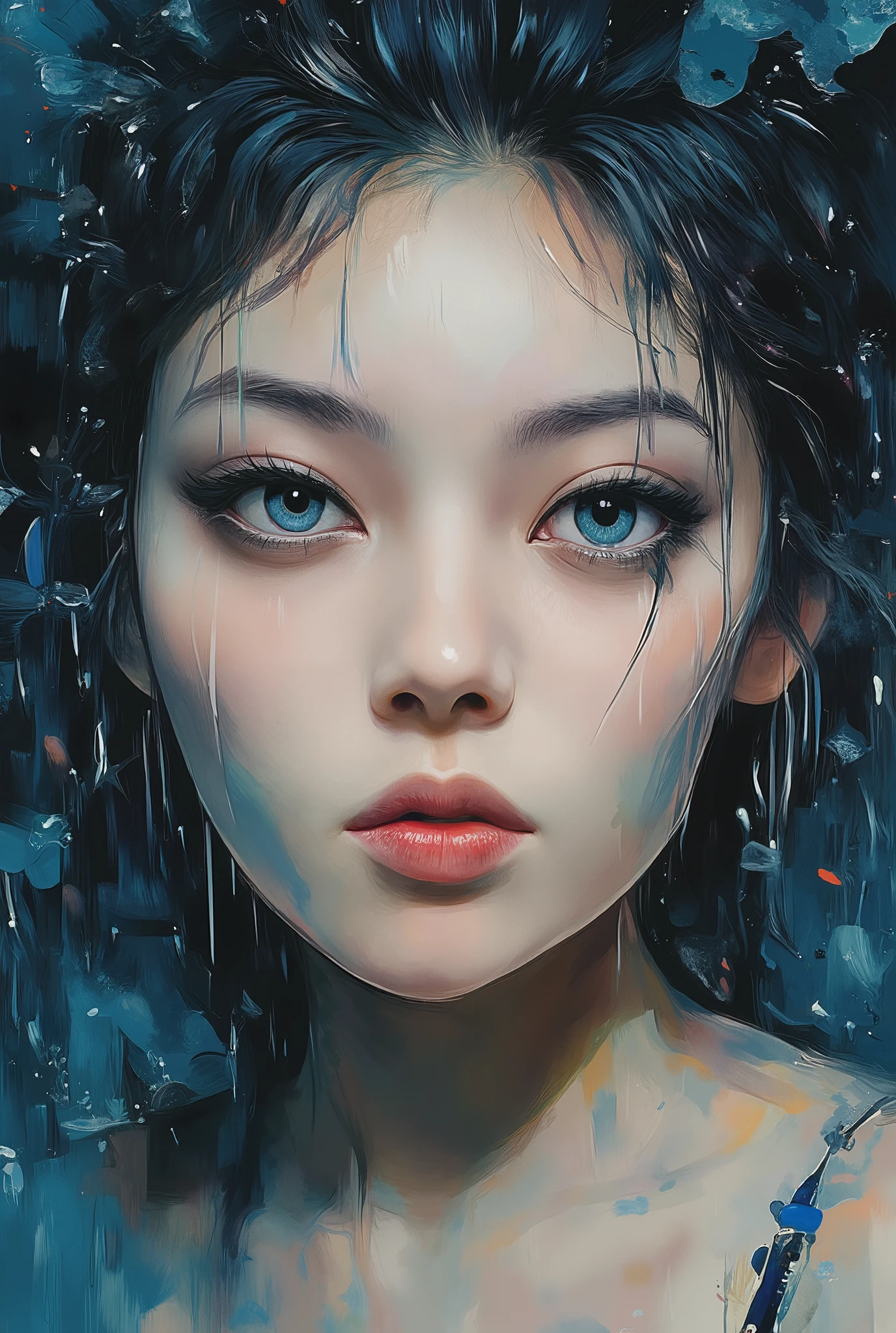  mesmerizing digital illustration inspired by Loish, depicting a closep of a woman´s face beneath a waterfall, water flowing down her face and hair, cool and soothing color palette, her expression peaceful, illuminated by soft ambient light, a dreamlike and calming ambiance. --v 5 --stylize 1000
