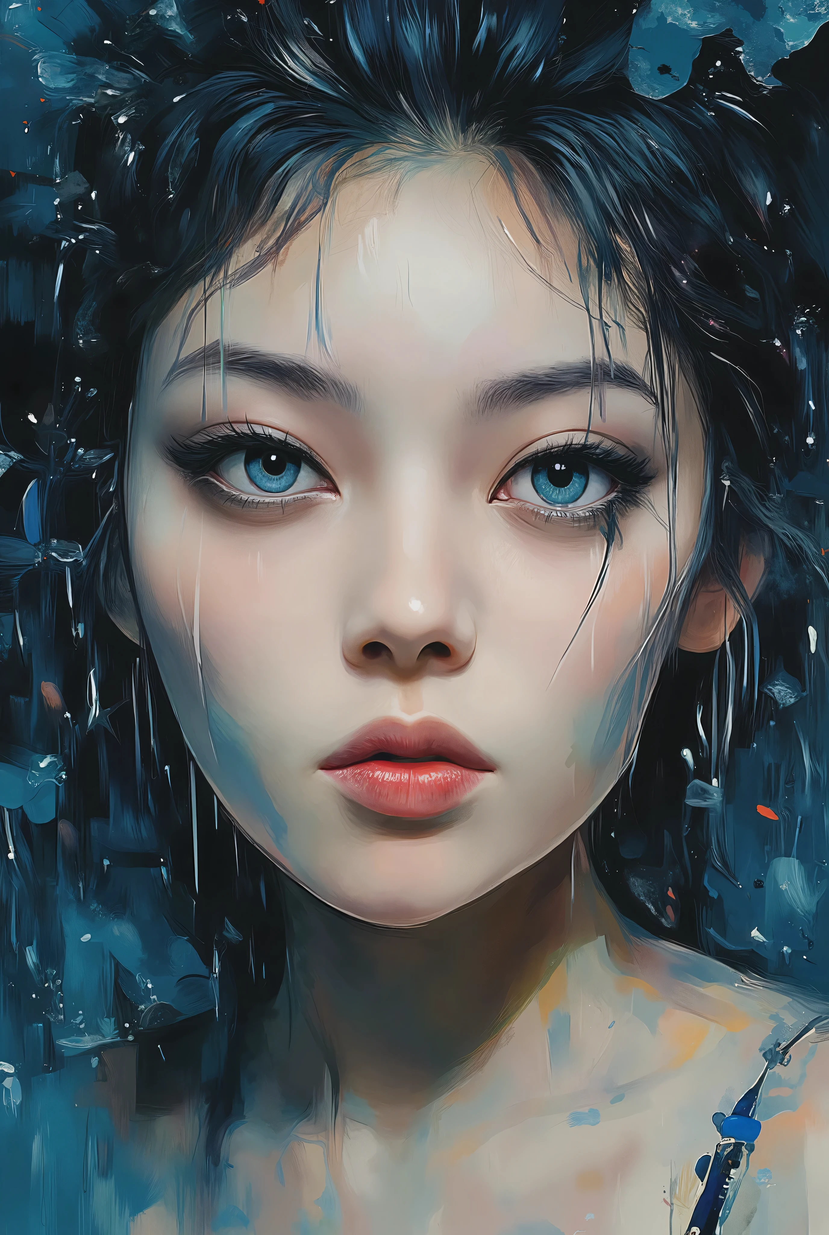 mesmerizing digital illustration inspired by Loish, depicting a closep of a woman´s face beneath a waterfall, water flowing down her face and hair, cool and soothing color palette, her expression peaceful, illuminated by soft ambient light, a dreamlike and calming ambiance. --v 5 --stylize 1000