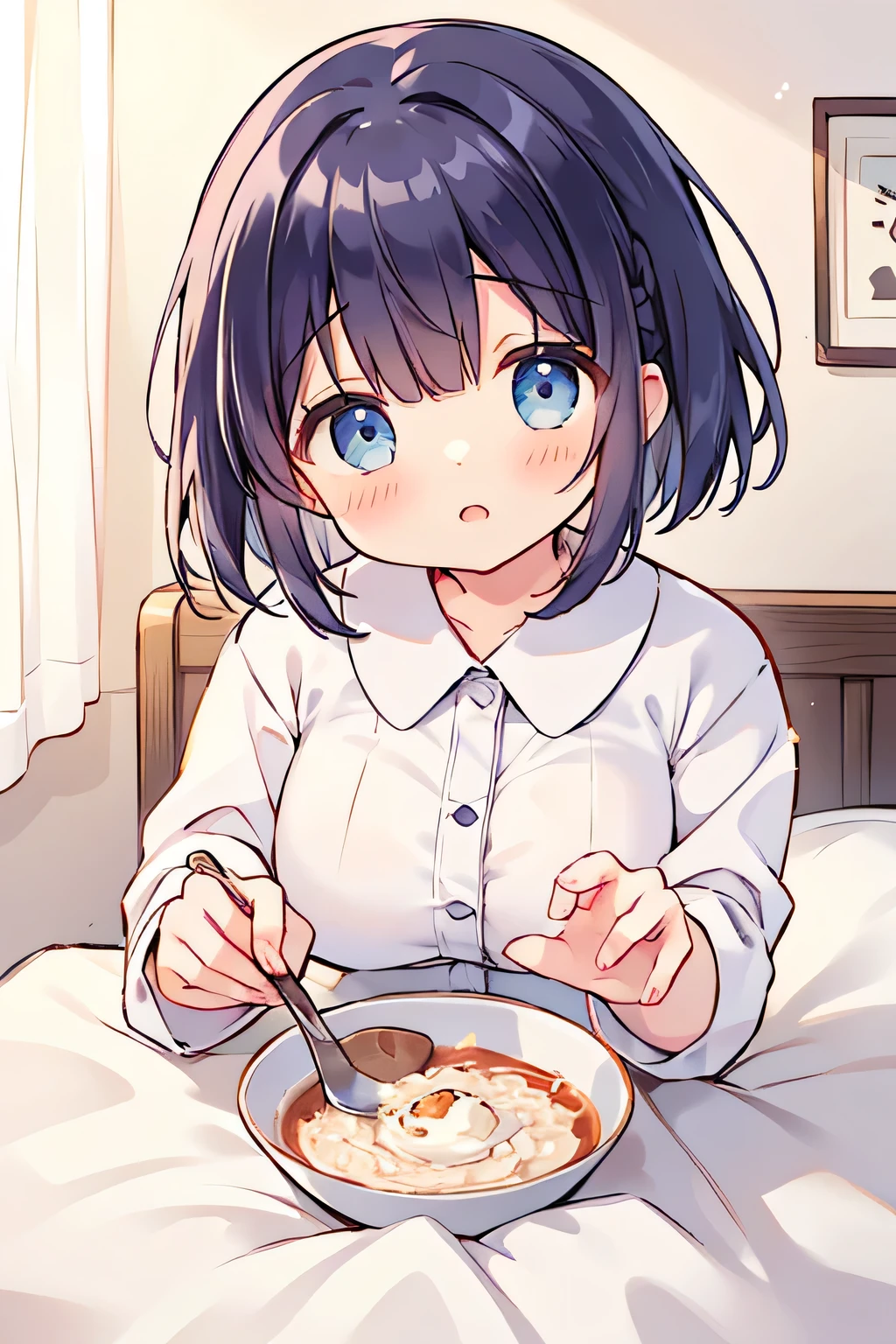 TOP QUALITY、high resolution、(HD:1.2)、masterpiece、detailed background、Teenage beauty、 huge breasts、(Highly detailed faces:1.3)、 detailed expressions 、(detailed eyes:1.3)、anatomically correct、Normal number of fingers、Bright-colored hair、bob cut、
in bed They are wrapped in a futon round and round, staring at me with thick eyes while blushing their cheeks、even though she tries to roll over while sneezing in a small way、doesn't move well with a squawny's body、It sinks back into the futon、when she gently puts her hand on her forehead, she closes her eyes comfortably even though she is slightly flabbergasted、she tries to reach for a spoon without strength while staring at the porridge placed at the bedside,、puts her hands back and quietly spoils、cute