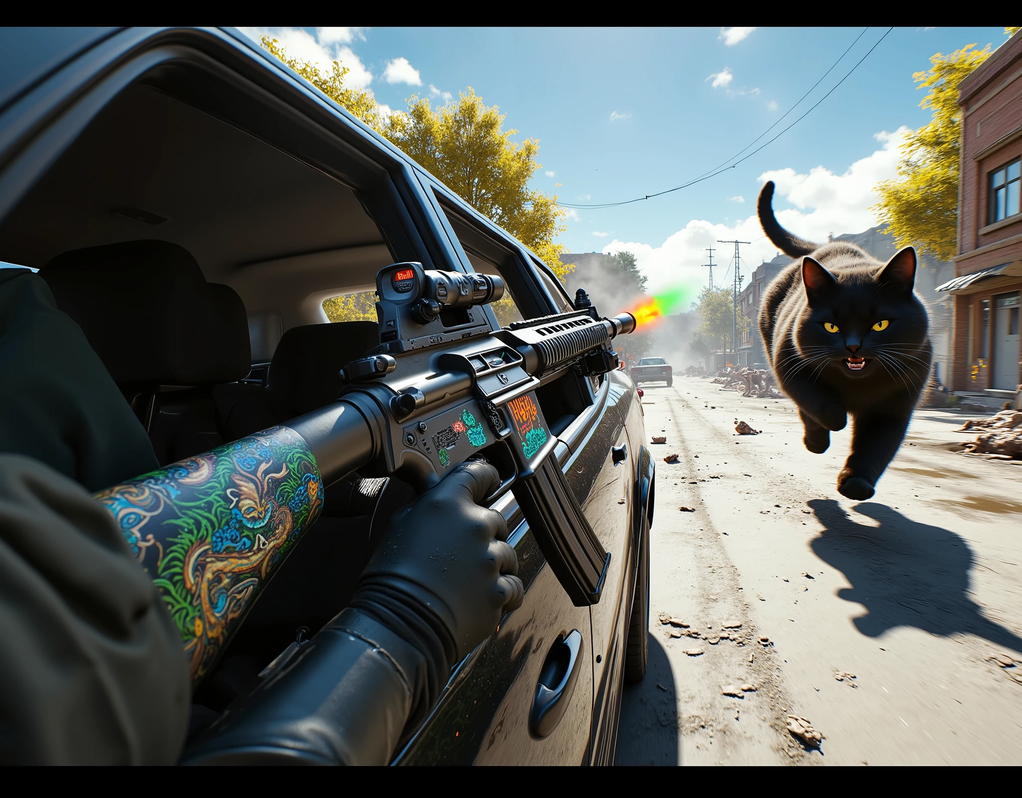  [Style: "masterpiece, realistic (Photorealistic realism), Hyper high resolution, (ultra quality, intricately detailed digital art), focus on extremely Realistic Proportion Body"] (Key Directive: "Prioritize anatomical accuracy and material textures") POV: {(("first person view" - "in a moving car leaning out of the window (leaning up to the waist)"} | ((first person shooting position)) "hold a Custom M16A4 in hends" Weapon: "Custom M16A4 (StatTrak™ module)" | M16A4 side Engraving : "Japanese dragon (green/blue paint:1.4)" | Display: "((side-mounted counter (red LED '589')))" | Attachments: - "Underbarrel flamethrower "(aim through the scope at running targets ((the human-like very large angry black cat))) (shoot with continuous fire)"- "active, orange/blue flames:0.3, white/yellow flash:0.3" - "Green laser sight (beam visible in airborne dust)" Environment: "PUBG UI on screen" - "Pochinki (town from Pubg) day" | Lighting: "(Cinematic clarity and global illumination)" - "((aim at the target and shoot))'' - ''Muzzle flash from rifle (temporarily illuminates face)" "((background – clear and sharp targets running among the ((cat carcasses, lying around)), human-like large black cat, ((chaos and terror")))) (Rendering engine: "Unreal Engine 5 path tracing, 16K texture maps") } 