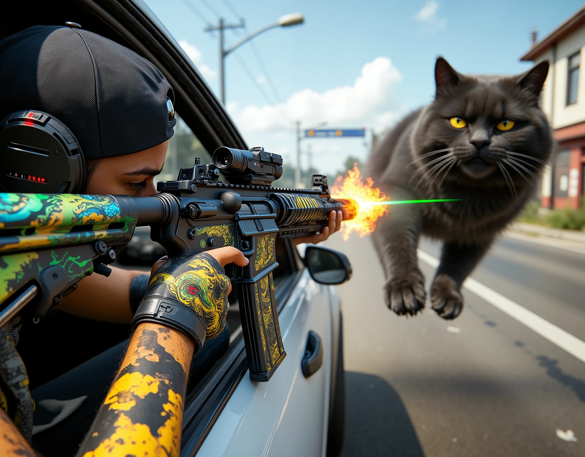  [Style: "masterpiece, realistic (Photorealistic realism), Hyper high resolution, (ultra quality, intricately detailed digital art), focus on extremely Realistic Proportion Body"] (Key Directive: "Prioritize anatomical accuracy and material textures") POV: {(("first person view" - "in a moving car leaning out of the window (leaning up to the waist)"} | ((first person shooting position)) "hold a Custom M16A4 in hends" Weapon: "Custom M16A4 (StatTrak™ module)" | M16A4 side Engraving : "Japanese dragon (green/blue paint:1.4)" | Display: "((side-mounted counter (red LED '589')))" | Attachments: - "Underbarrel flamethrower "(aim through the scope at running targets ((the human-like very large angry black cat))) (shoot with continuous fire)"- "active, orange/blue flames:0.3, white/yellow flash:0.3" - "Green laser sight (beam visible in airborne dust)" Environment: "PUBG UI on screen" - "Pochinki (town from Pubg) day" | Lighting: "(Cinematic clarity and global illumination)" - "((aim at the target and shoot))'' - ''Muzzle flash from rifle (temporarily illuminates face)" "((background – clear and sharp targets running among the ((cat carcasses, lying around)), human-like large black cat, ((chaos and terror")))) (Rendering engine: "Unreal Engine 5 path tracing, 16K texture maps") } 