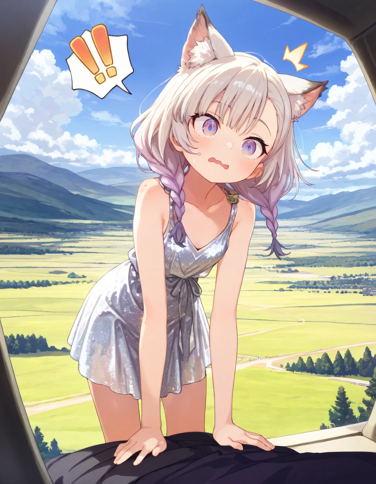 ((Masterpiece)), ((best quality)), (8K), (detailed background:1.2), (super detail:1.2),(High Definition:1.3), (Professional Photography:1.2), (very aesthetic:1.2), (absurdres:1.2), (sharp focus), ((1girl)), young Girl, (Textured skin), ((!!, ^^^)), Big eyes, (@@, pale purple eyes, gradient eyes, looking at side), platinum-gold hair, (Asymmetrical bangs), gradient hair, (pink color Hair Tip), (medium hair, loose braids), (small breast, Healthy slim body), ((surprised face)), (wavy mouth), open mouth, (cute cheeks), glossy lips, pouty lips, (lower eyelashes), (tilt head), (put on cat ears), Beautiful collarbones, BREAK, (loose white flapper dress, sleeveless dress, gold embroidery), ((sprawled out, panicking pose)), (standing on the Collapsed hill), Vast forests spread out below, outdoor, (Beautiful landscape, sunnyday)