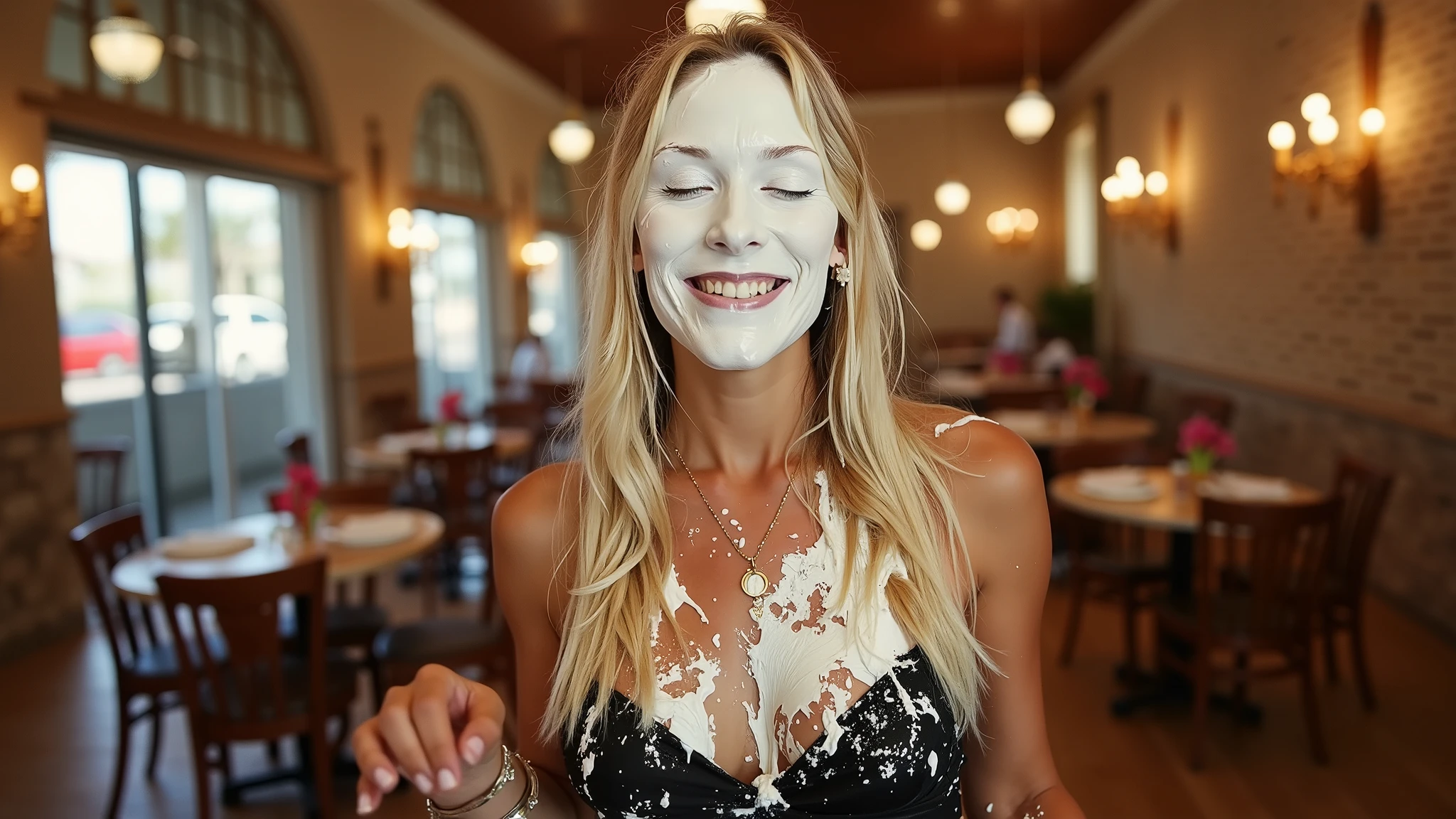 A photorealistic image of a beautiful young 21-year-old woman with long blonde hair and wearing a black dress, pied in the face during a pie fight in a restaurant.
