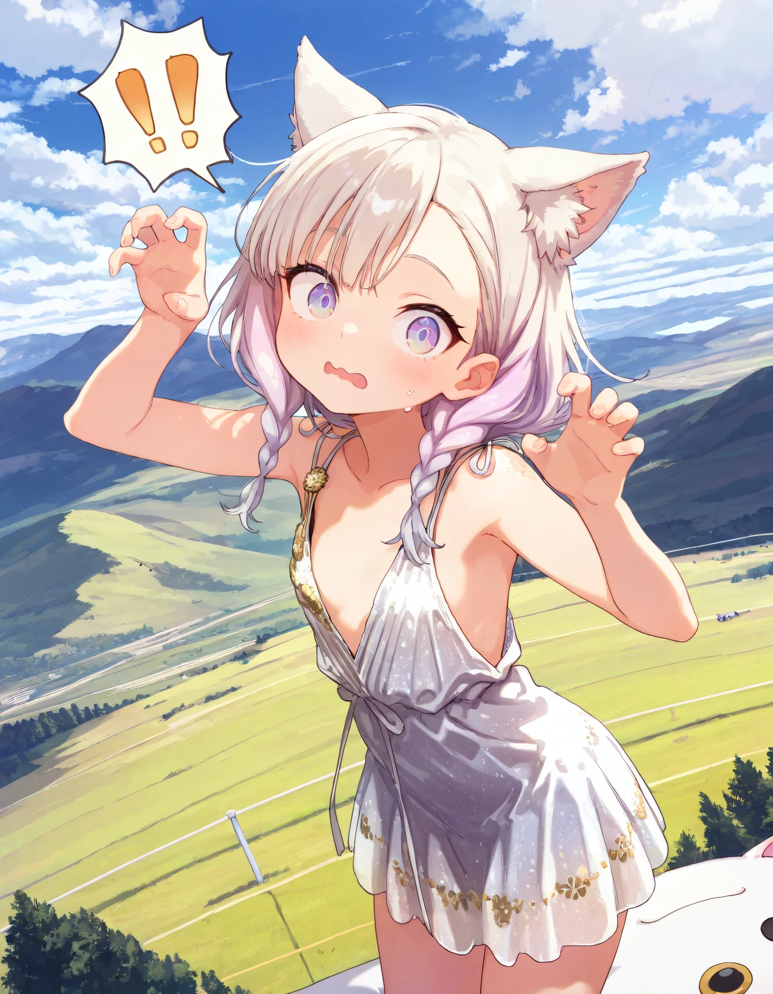 ((Masterpiece)), ((best quality)), (8K), (detailed background:1.2), (super detail:1.2),(High Definition:1.3), (Professional Photography:1.2), (very aesthetic:1.2), (absurdres:1.2), (sharp focus), ((1girl)), Cute young Girl, (Textured skin), ((!!, ^^^)), Big eyes, (@@, pale purple eyes, gradient eyes, looking at side), platinum-gold hair, (Asymmetrical bangs), gradient hair, (pink color Hair Tip), (medium hair, loose braids), (small breast, Healthy slim body), ((surprised face)), (wavy mouth), open mouth, (cute cheeks), glossy lips, pouty lips, (lower eyelashes), (tilt head), (put on cat ears), Beautiful collarbones, BREAK, (loose white flapper dress, sleeveless dress, gold embroidery), ((arms up, claw pose)), (standing on the Collapsed hill), Vast forests spread out below, outdoor, (Beautiful landscape, sunnyday)