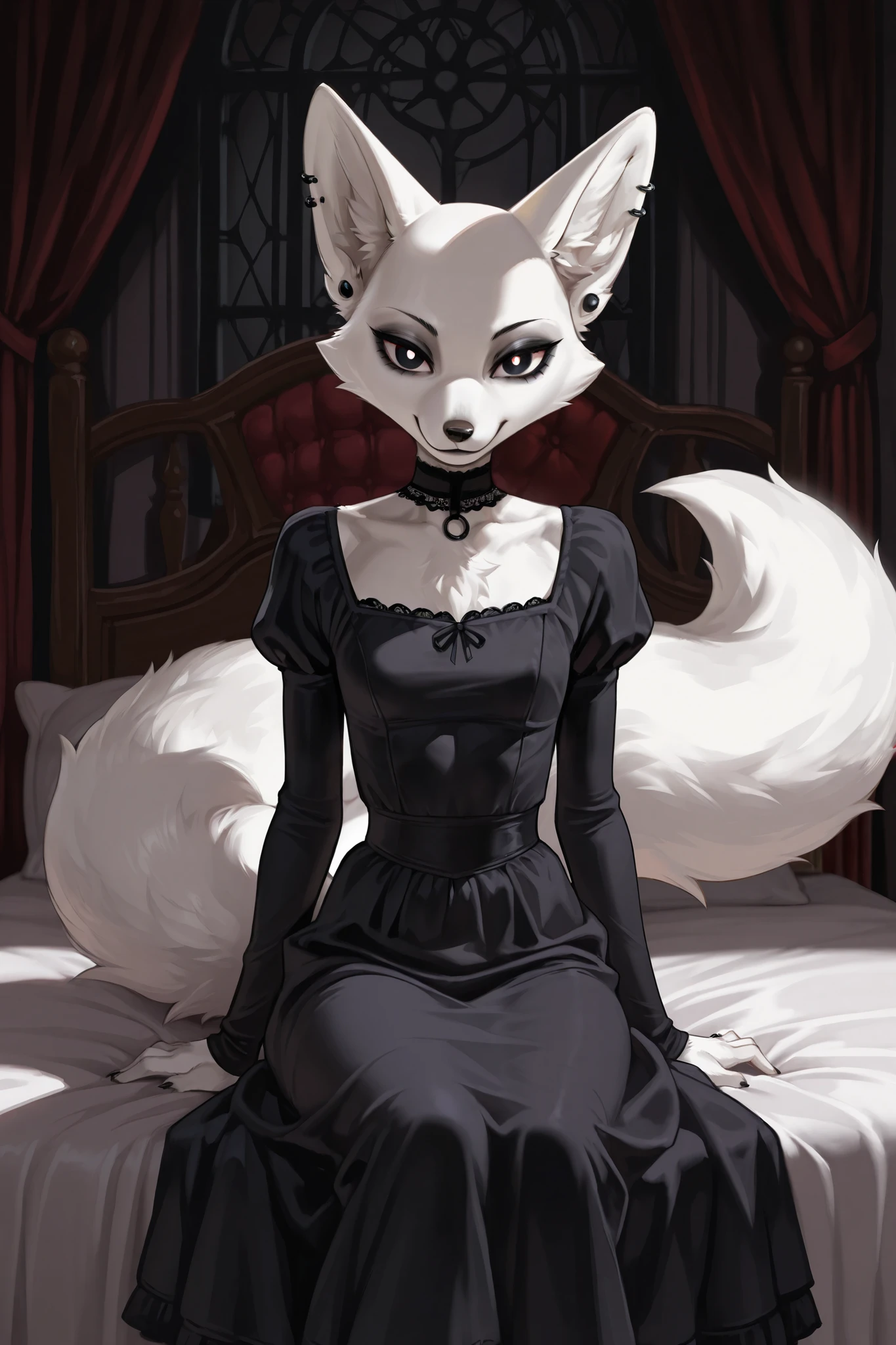 Goth female white fox, furry, black pupils, alone, skinny. Black goth dress. Bald head. Piercings. Sensual look. Sitting on the bed. Smiling. Gothic room.