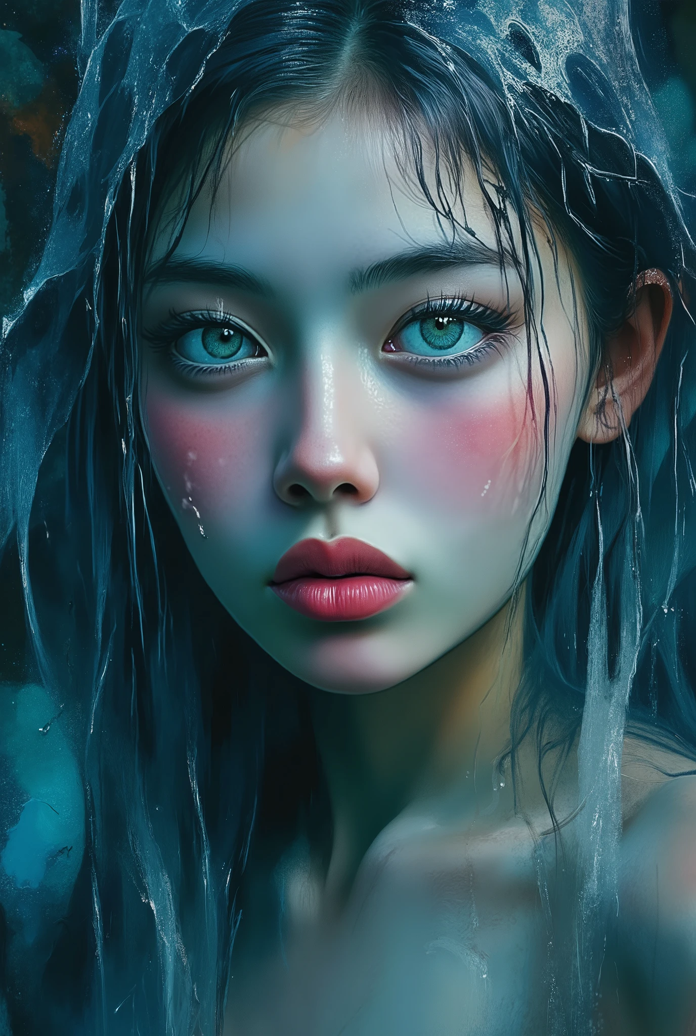 mesmerizing digital illustration inspired by Loish, depicting a closep of a woman´s face beneath a waterfall, water flowing down her face and hair, cool and soothing color palette, her expression peaceful, illuminated by soft ambient light, a dreamlike and calming ambiance. --v 5 --stylize 1000