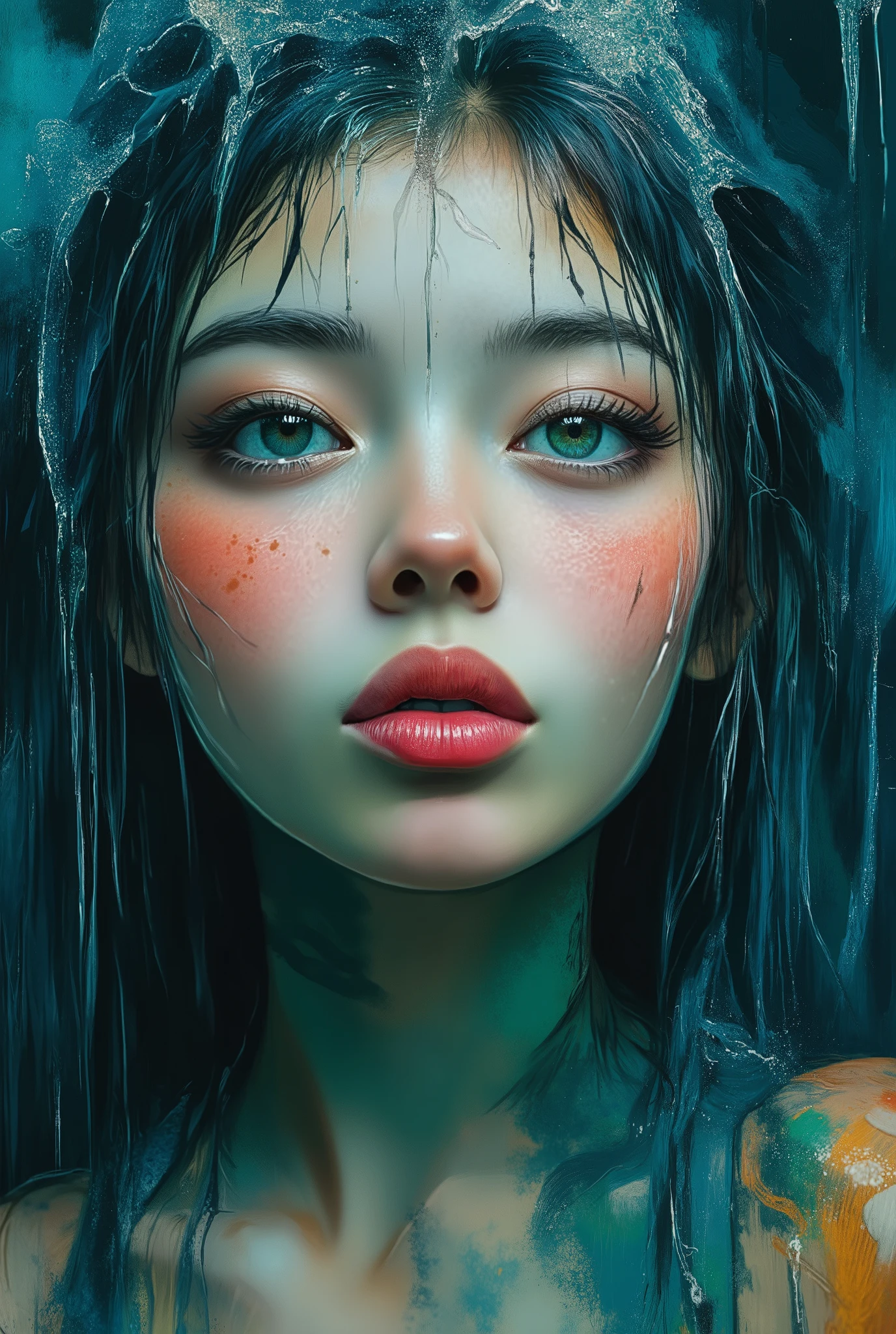 mesmerizing digital illustration inspired by Loish, depicting a closep of a woman´s face beneath a waterfall, water flowing down her face and hair, cool and soothing color palette, her expression peaceful, illuminated by soft ambient light, a dreamlike and calming ambiance. --v 5 --stylize 1000