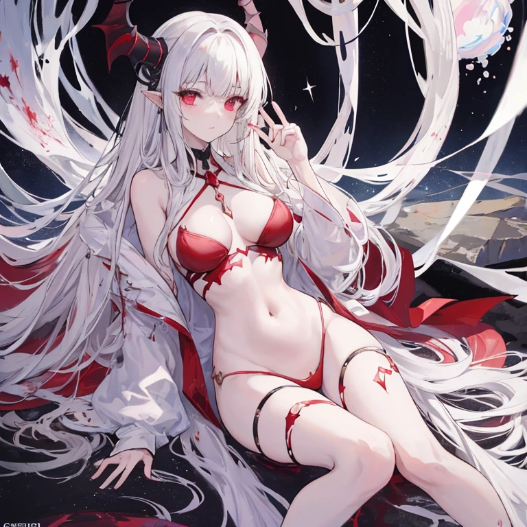 Short white shawl hair,Messy hair curtains,red color eyes,Be red in the face,black bathing suit,Slightly better figure,white stockings,Transparent coat,shyexpression,chiquita