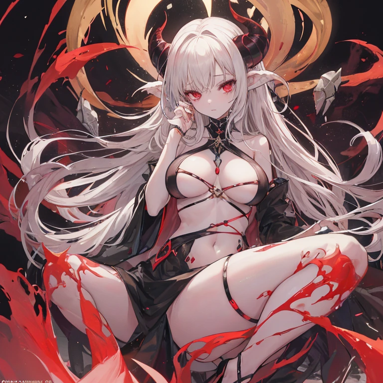 Nude anime, white hair, red eye, hentai, kawai, anime chan, oni demon, oni demon chan