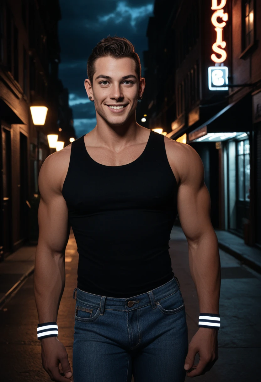 ((Handsome 35 year old caucasian male with desireable features standing in an amusement park at night, colorful lights around him)), BREAK, (medium length light brown hair, clean shaven face, no facial hair, intriguing green eyes), BREAK, black shirt, blue jeans, athletic physique, colorful outdoor lighting highlights his excellent features
