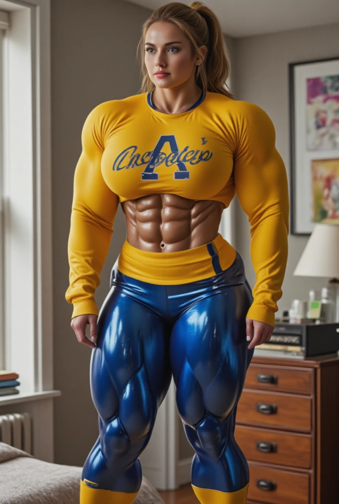 gorgeous north European girl who is captain of the cheerleading team, 1girl, 18 years old, powerhouse, golden blonde hair, tanned Caucasian skin, styled hair, 6’2” height, (wearing tracksuit with open jacket), showing abs, (very large perky breast:1.7), chiselled abs, (10-pack abs:1.4), abs of steel, shredded abdominal muscle, cut lower obliques, washboard abs, muscular ass, lean, gorgeous, tiny waist, standing in school hallway, wearing make up, muscular legs, gymnasts physique, willowy