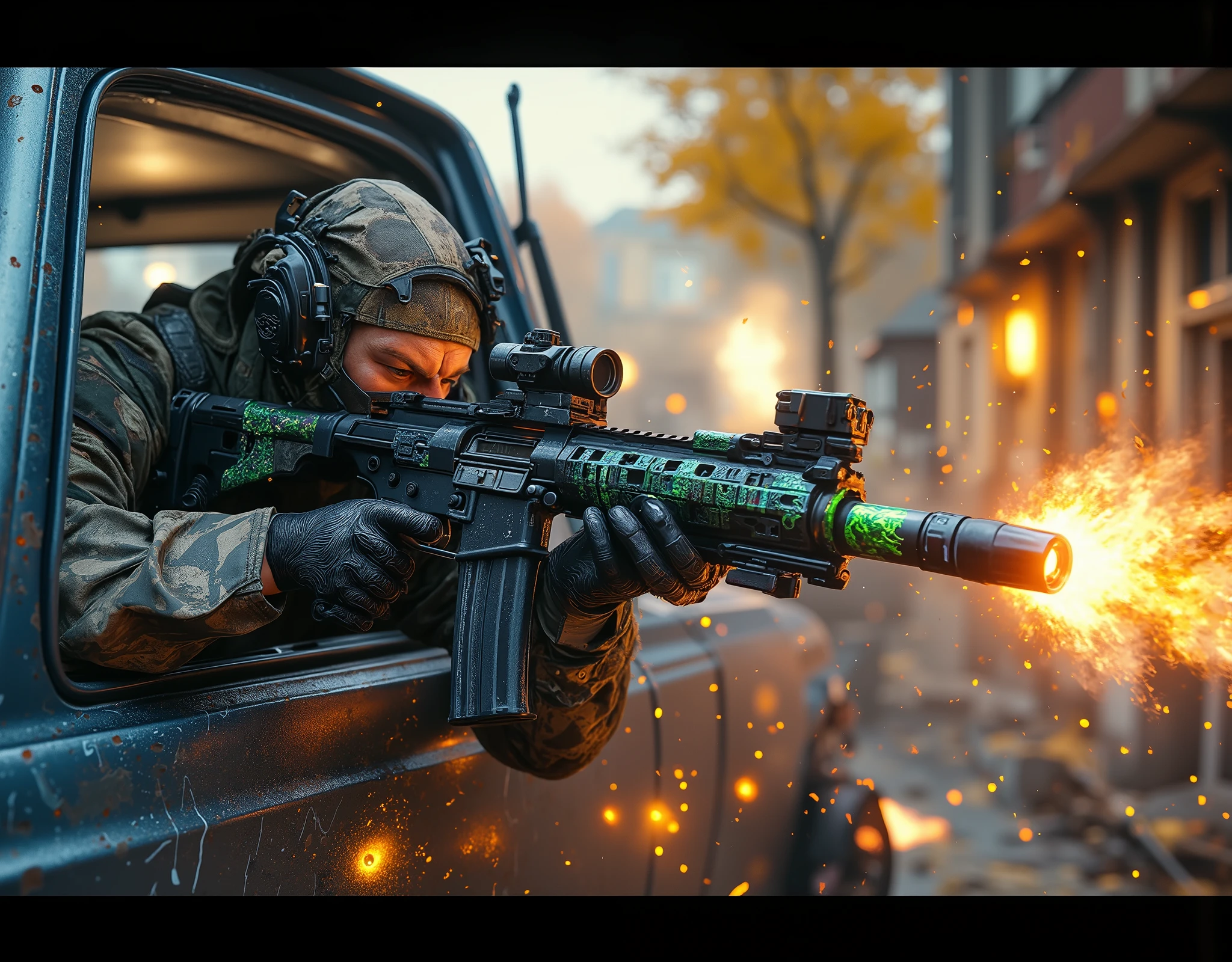  [Style: "masterpiece, realistic (Photorealistic realism), Hyper high resolution, (ultra quality, intricately detailed digital art), focus on extremely Realistic Proportion Body"] (Key Directive: "Prioritize anatomical accuracy and material textures") POV: {(((("first person view))" - "in a moving car (leaning out of the window (leaning up to the waist))"} | ((first person shooting position)) "hold a Custom M16A4 in hends" Weapon: "Custom M16A4 (StatTrak™ module)" | M16A4 side Engraving : "Japanese dragon (green/blue paint:1.4)" | Display: "((side-mounted counter (red LED '589')))" | Attachments: - "Underbarrel flamethrower "(aim through the scope at running targets ((other armed and shooting PUBG players))) (shoot with continuous fire)"- "active, orange/blue flames:0.3, white/yellow flash:0.3" - "Green laser sight (beam visible in airborne dust)" Environment: "PUBG UI on screen" - "Pochinki (town from Pubg) day" | Lighting: "(Cinematic clarity and global illumination)" - "((aim at the target and shoot))'' - ''Muzzle flash from rifle (temporarily illuminates face)" "((background – clear and sharp, targets fighting other players from the PUBG game ((chaos and terror")))) (Rendering engine: "Unreal Engine 5 path tracing, 16K texture maps") } 