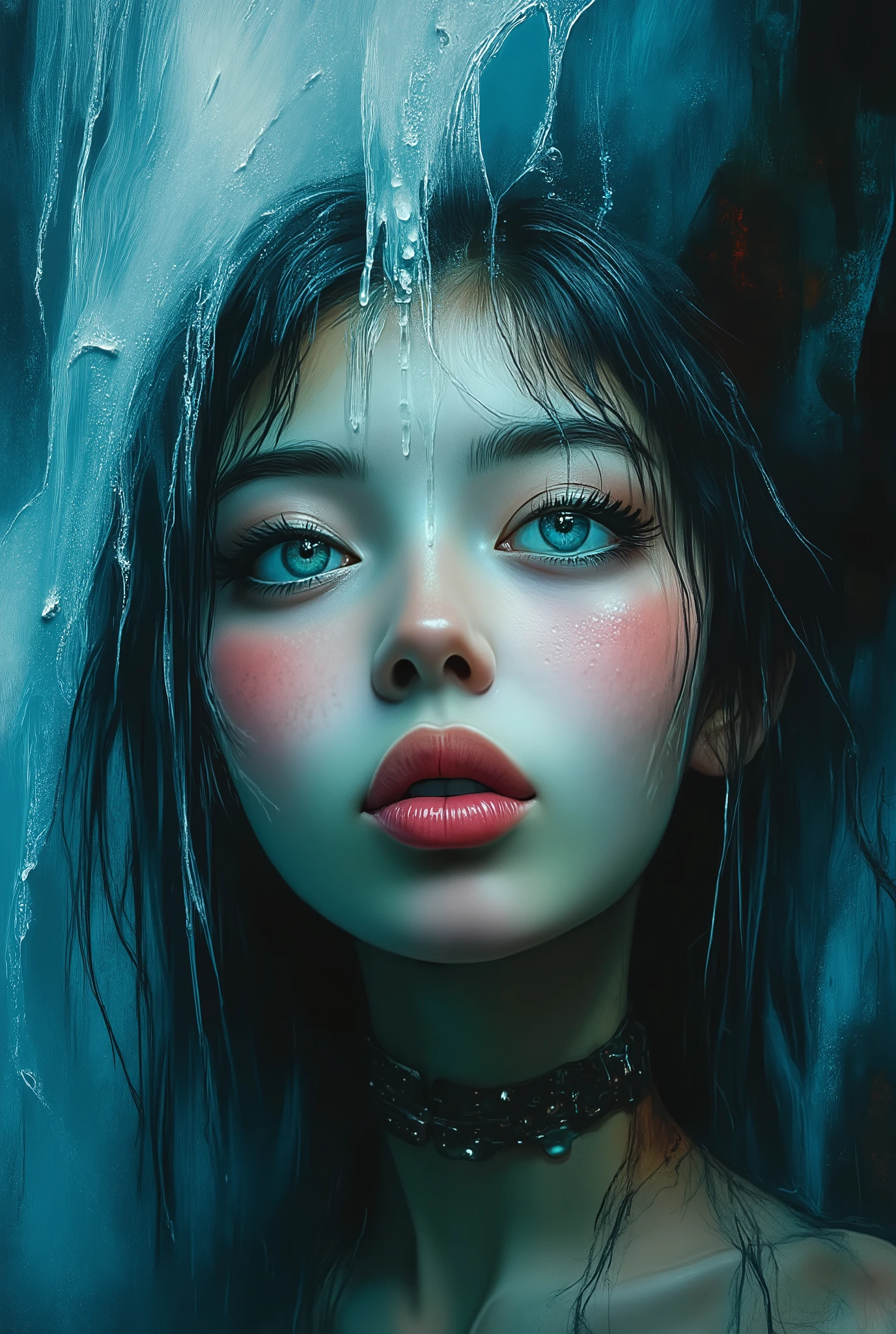mesmerizing digital illustration inspired by Loish, depicting a closep of a woman´s face beneath a waterfall, water flowing down her face and hair, cool and soothing color palette, her expression peaceful, illuminated by soft ambient light, a dreamlike and calming ambiance. --v 5 --stylize 1000